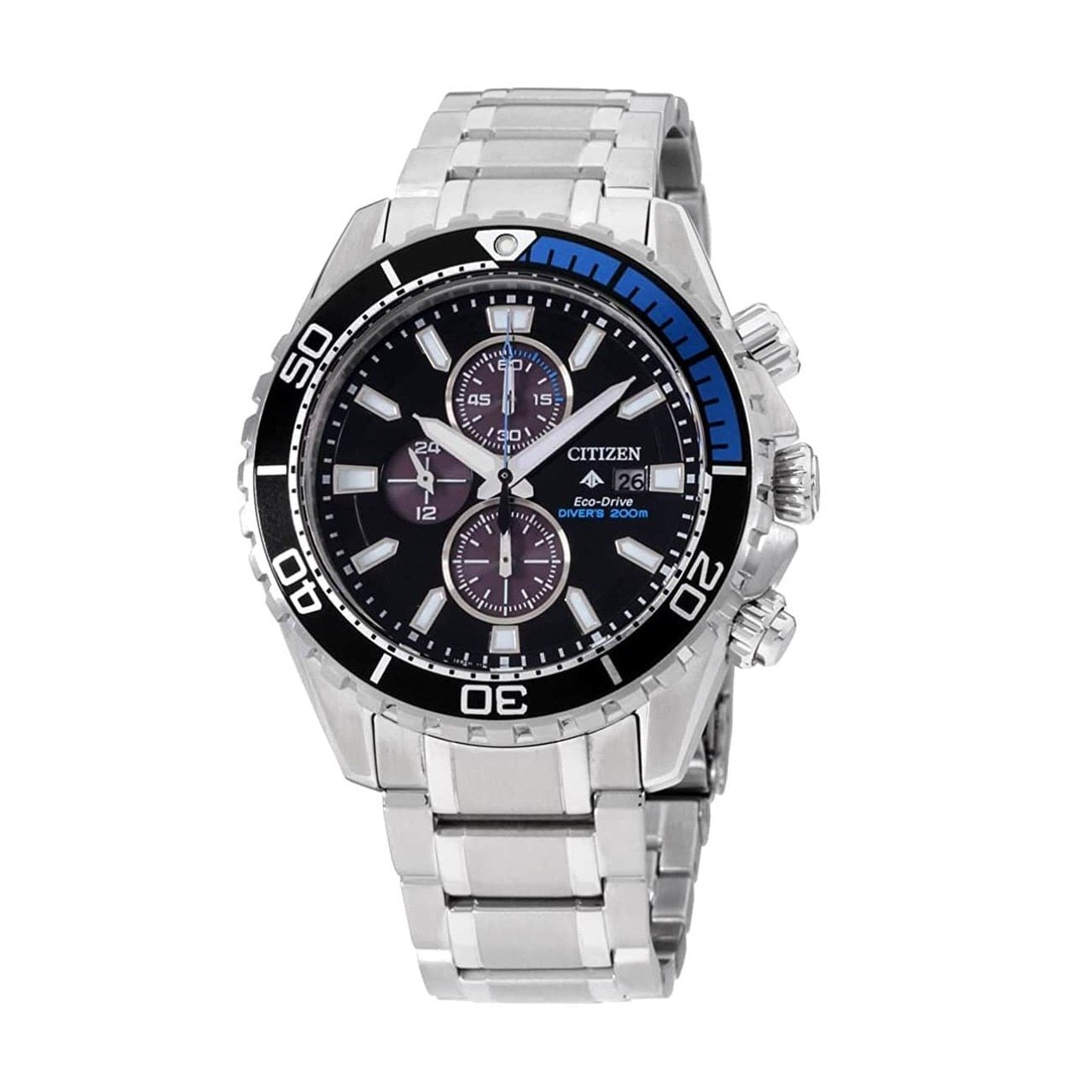 Citizen CA0719-53E Promaster Diver watch with stainless steel case, black dial, and blue bezel, showcasing its chronograph features.