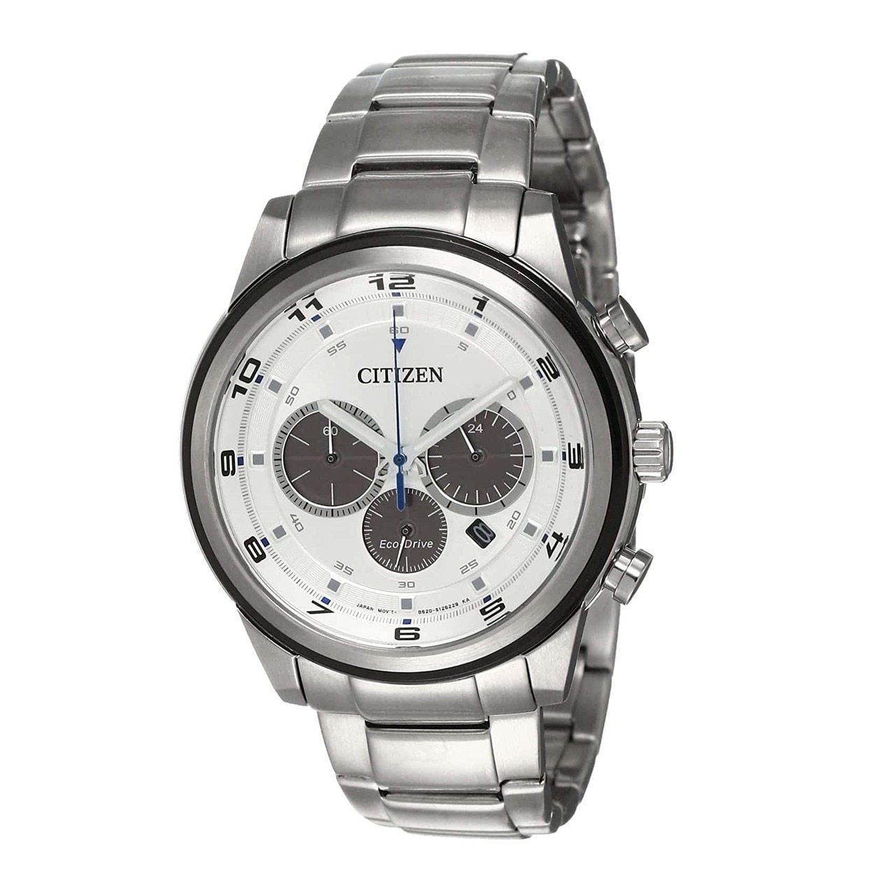 Citizen CA4034-50A Men's Chronograph Watch with stainless steel case and silver dial, showcasing its elegant design and features.