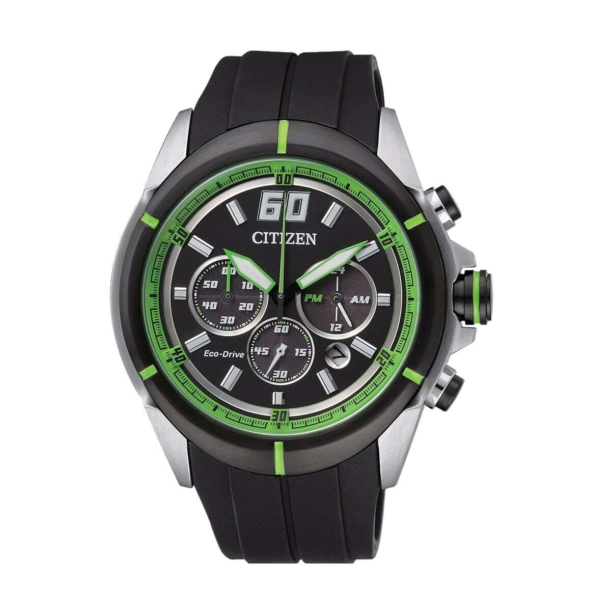 Citizen CA4104-05E Black Dial Men's Chronograph Rubber Eco-Drive Watch with a sleek black dial and durable rubber band.