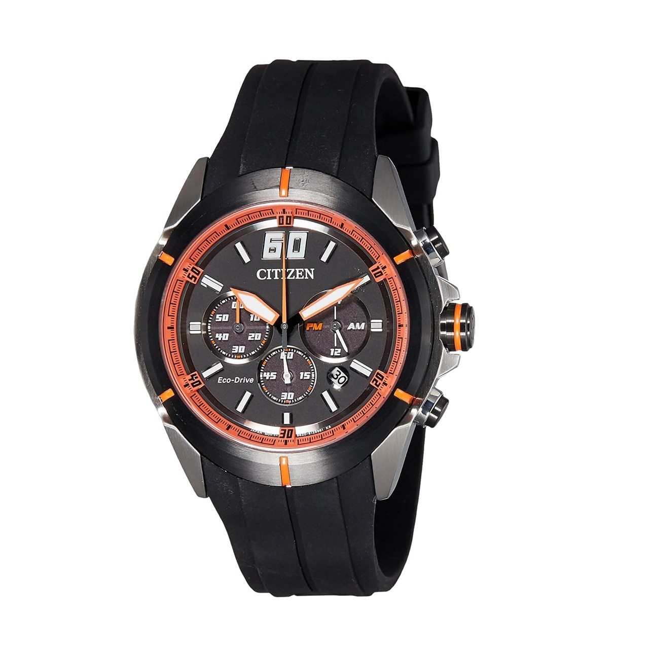 Citizen CA4105-02E Black Dial Men's Chronograph Eco-Drive Watch with black rubber band and stainless steel case.