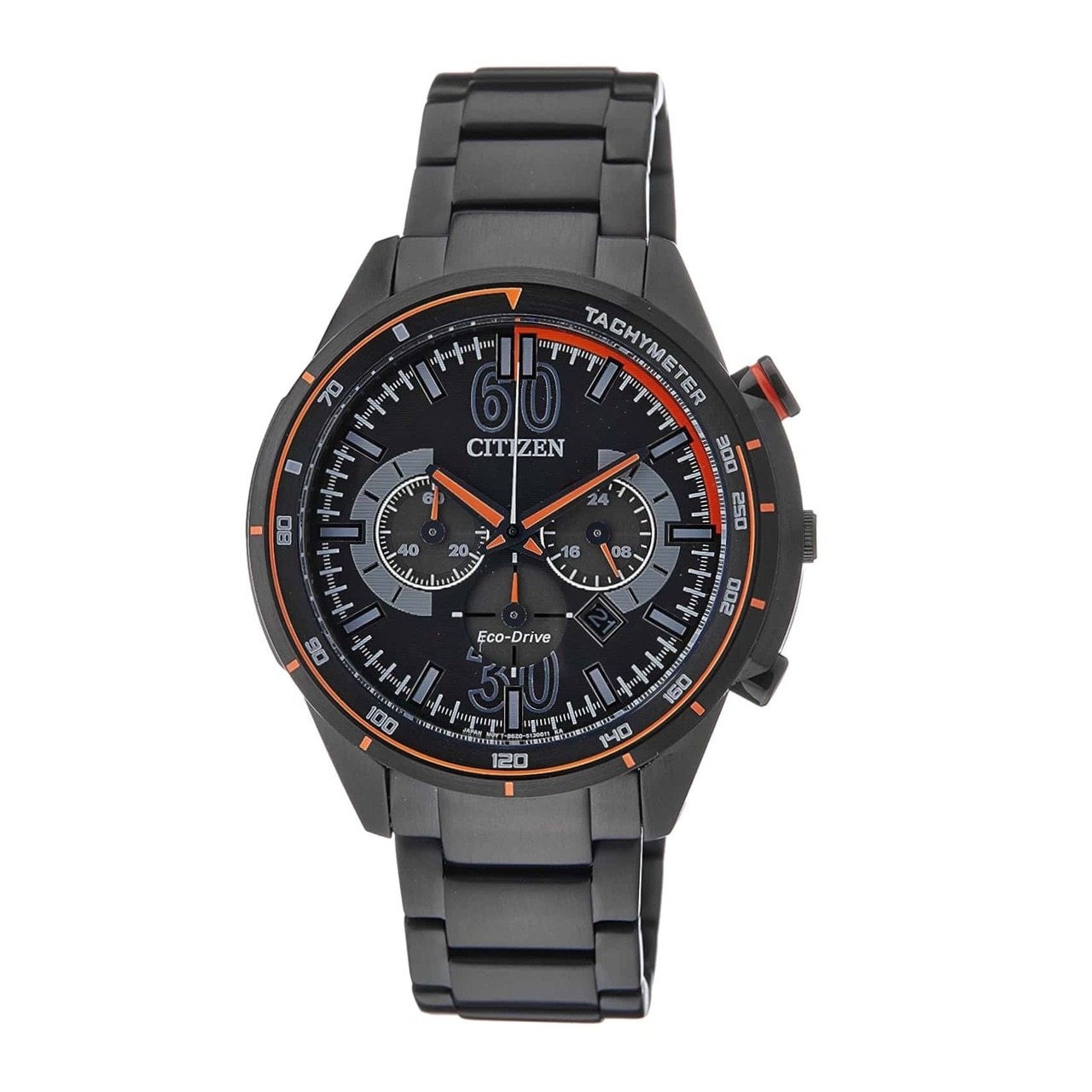 Citizen CA4125-56E Black IP Stainless Steel Men's Chronograph Tachymeter Watch with black dial and stainless steel band.