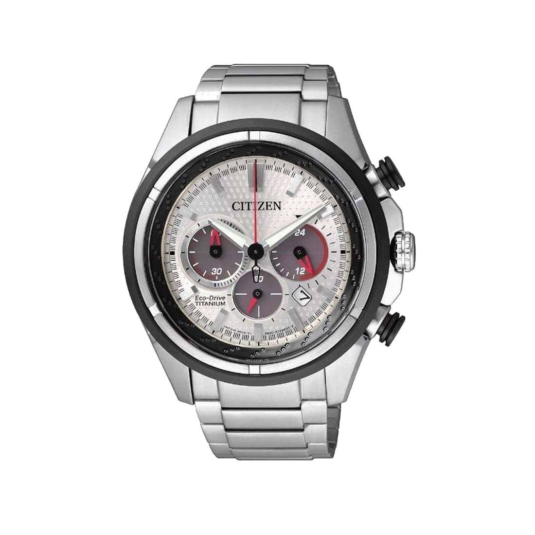 Citizen CA4240-58A Brycen Super Titanium Men's Chronograph Watch with silver dial and red accents.