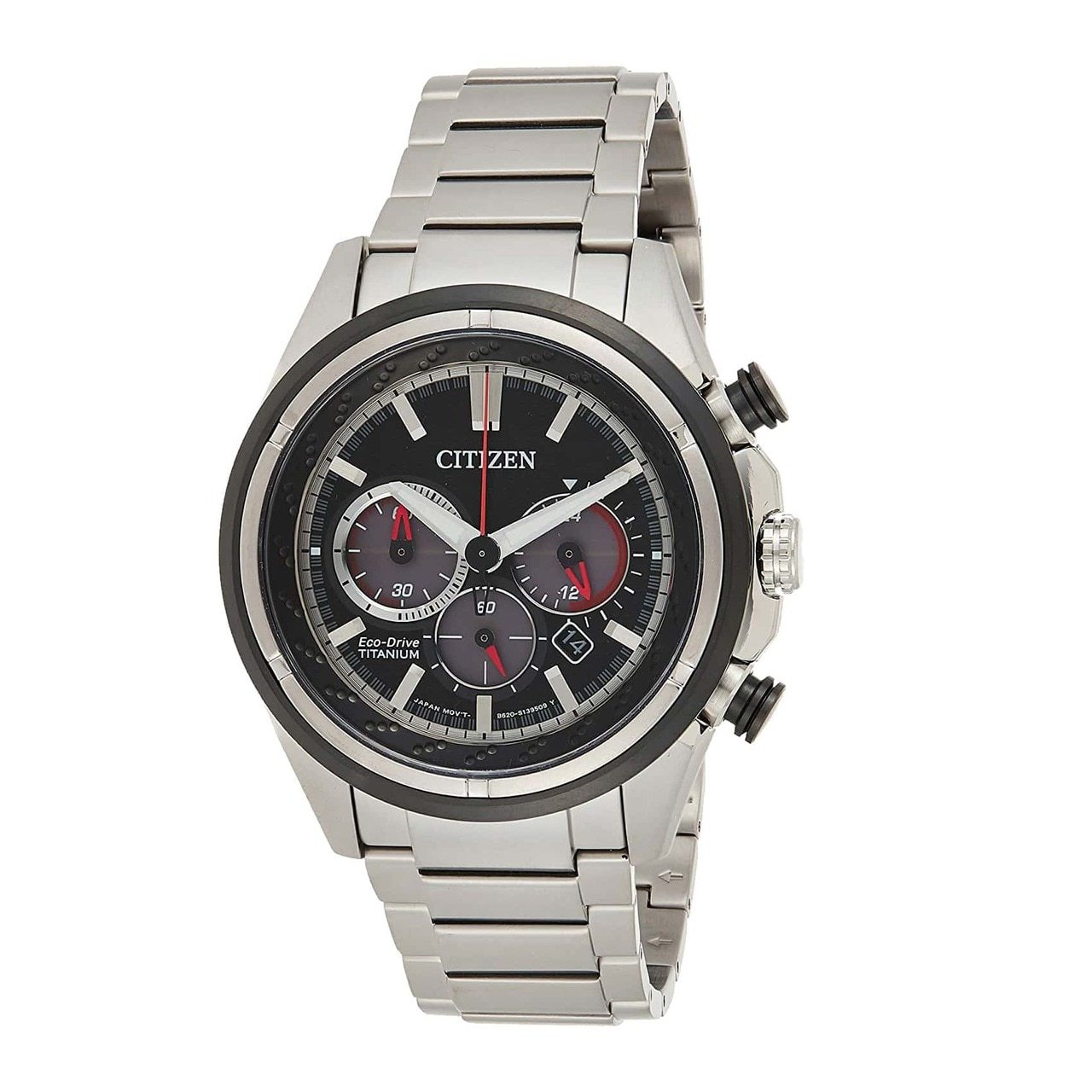 Citizen CA4240-58E Men's Chronograph watch with black dial and silver titanium band, showcasing its elegant design and features.