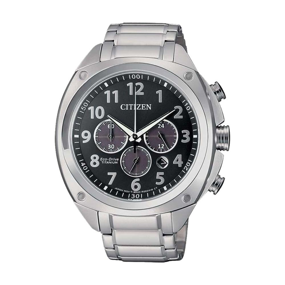 Citizen CA4310-54E men's chronograph watch with black dial and silver titanium band, showcasing its elegant design and features.