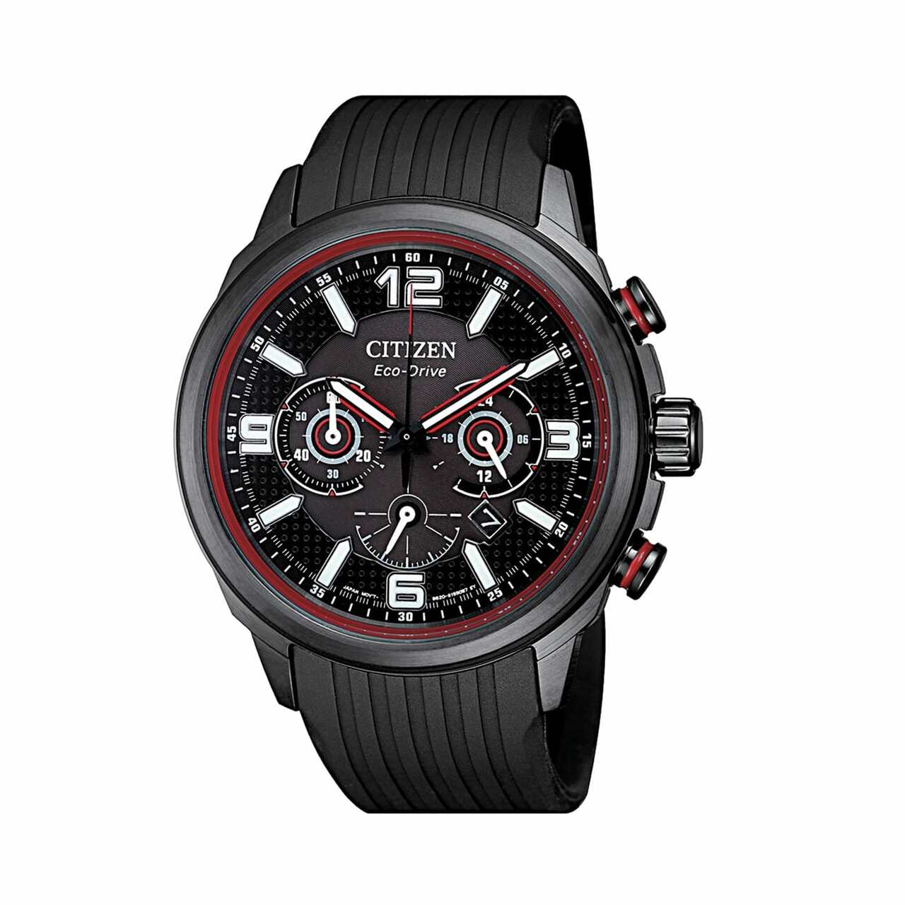 Citizen CA4386-10E Black Dial Men's Chronograph Eco-Drive Watch with stainless steel case and rubber band.