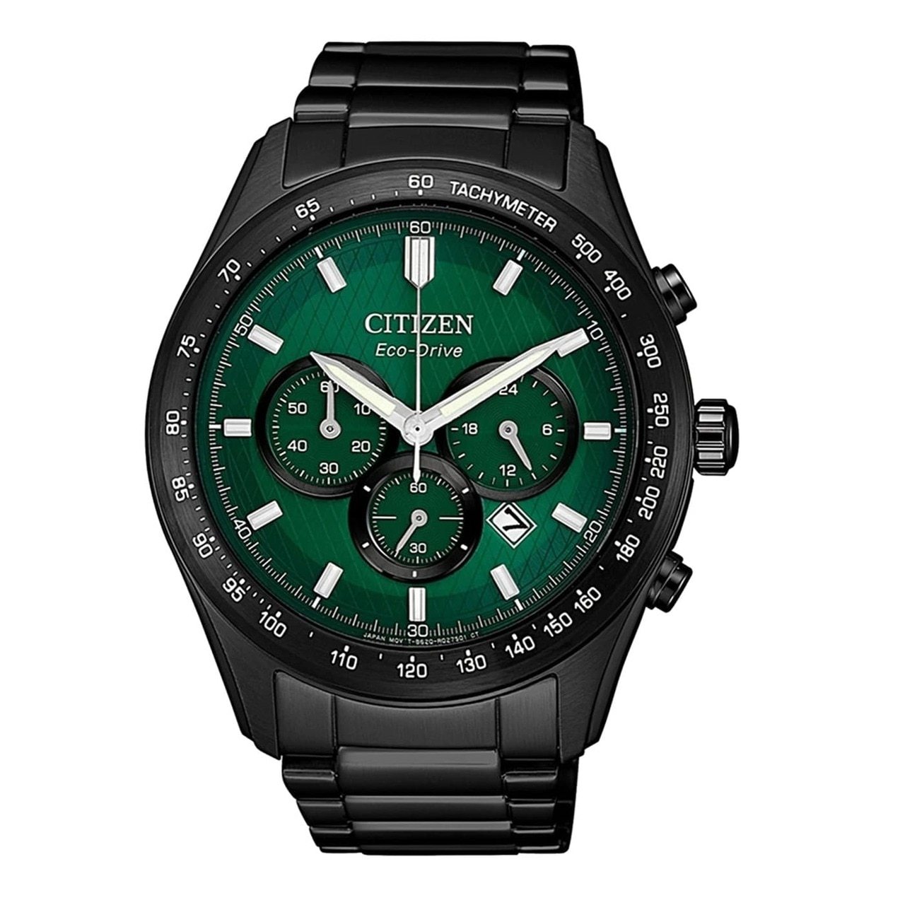 Citizen CA4455-86X men's chronograph watch featuring a black stainless steel case and a vibrant green dial.