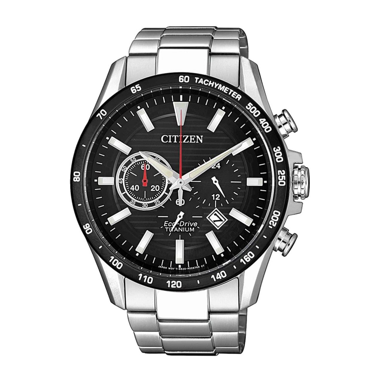 Citizen CA4444-82E Silver Super Titanium Men's Chronograph Watch with black dial and silver titanium band.