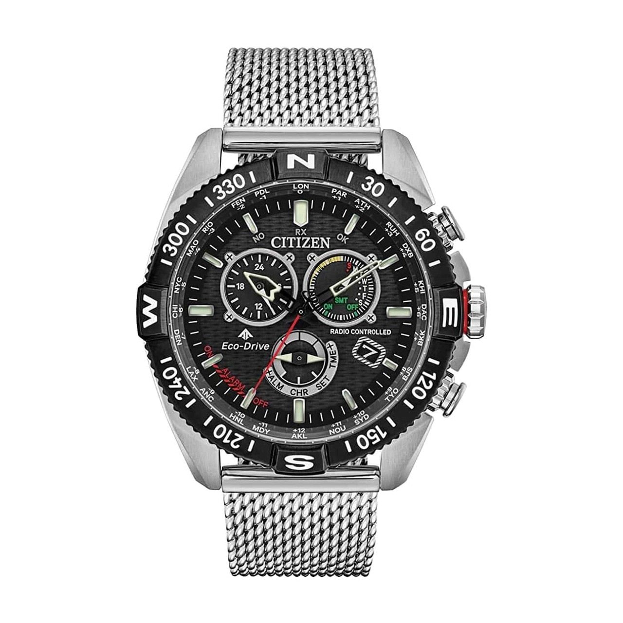 Citizen CB5840-59E Promaster Navihawk watch with stainless steel case, black dial, and red accents.