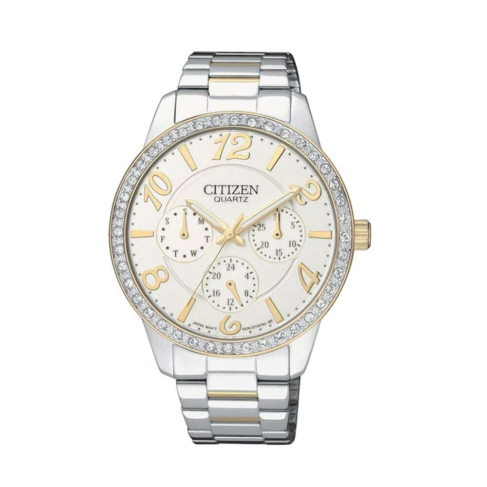 Citizen ED8124-53A Two Tone Stainless Steel Watch with White Dial and Swarovski Crystals.