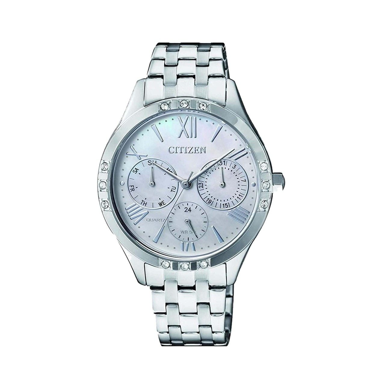 Citizen ED8170-56D watch featuring a stainless steel case and a mother of pearl dial, showcasing elegance and functionality.