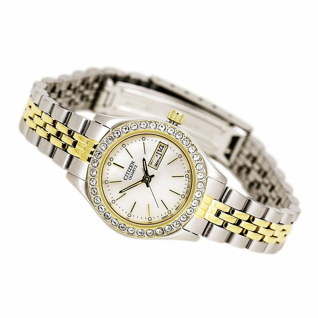 Citizen EQ0534-50D women's watch featuring a two-tone stainless steel band and a luminous mother-of-pearl dial with crystal accents.