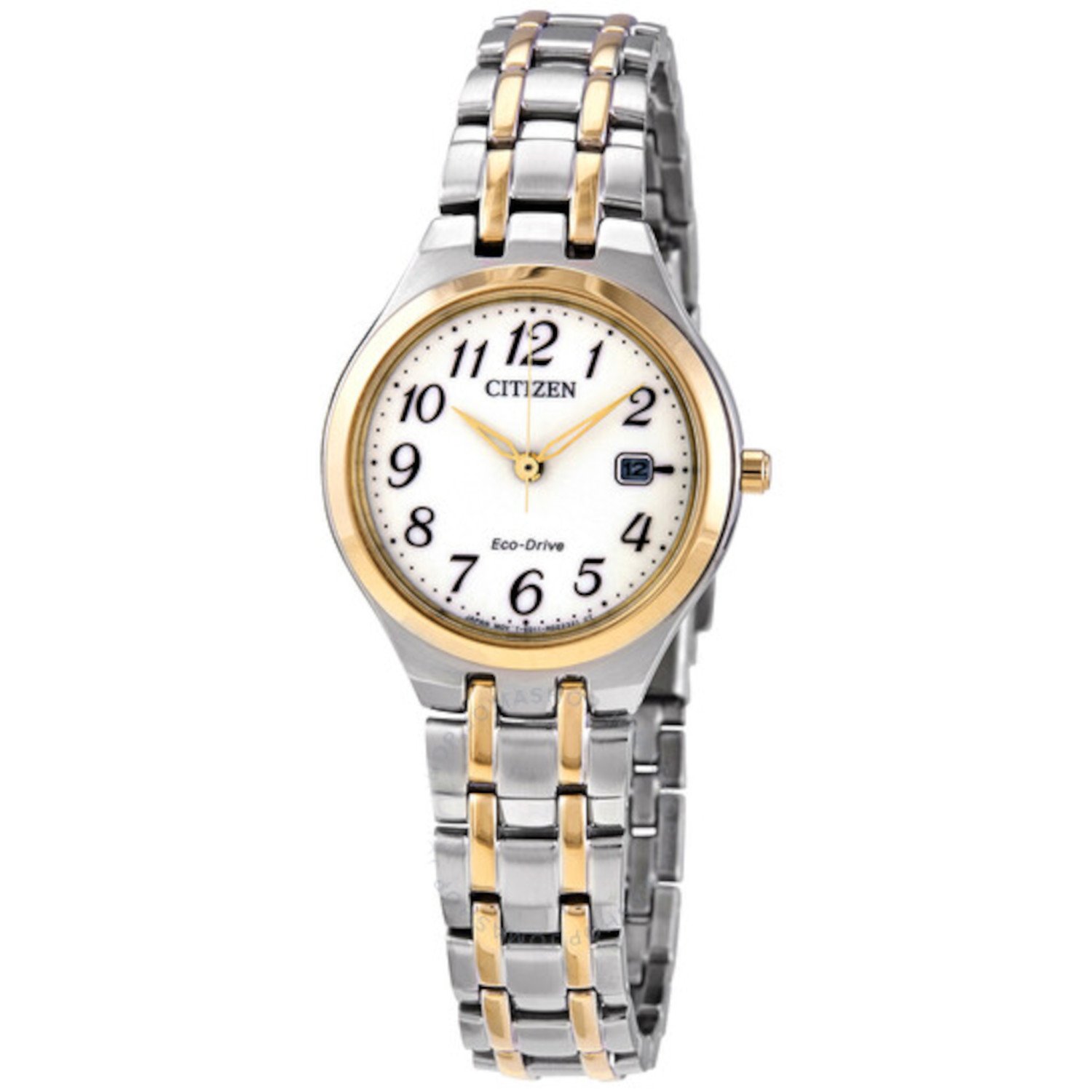 Citizen Women's EW2486-52A Eco-Drive watch featuring silver and yellow gold tone stainless steel, white dial, and elegant design.