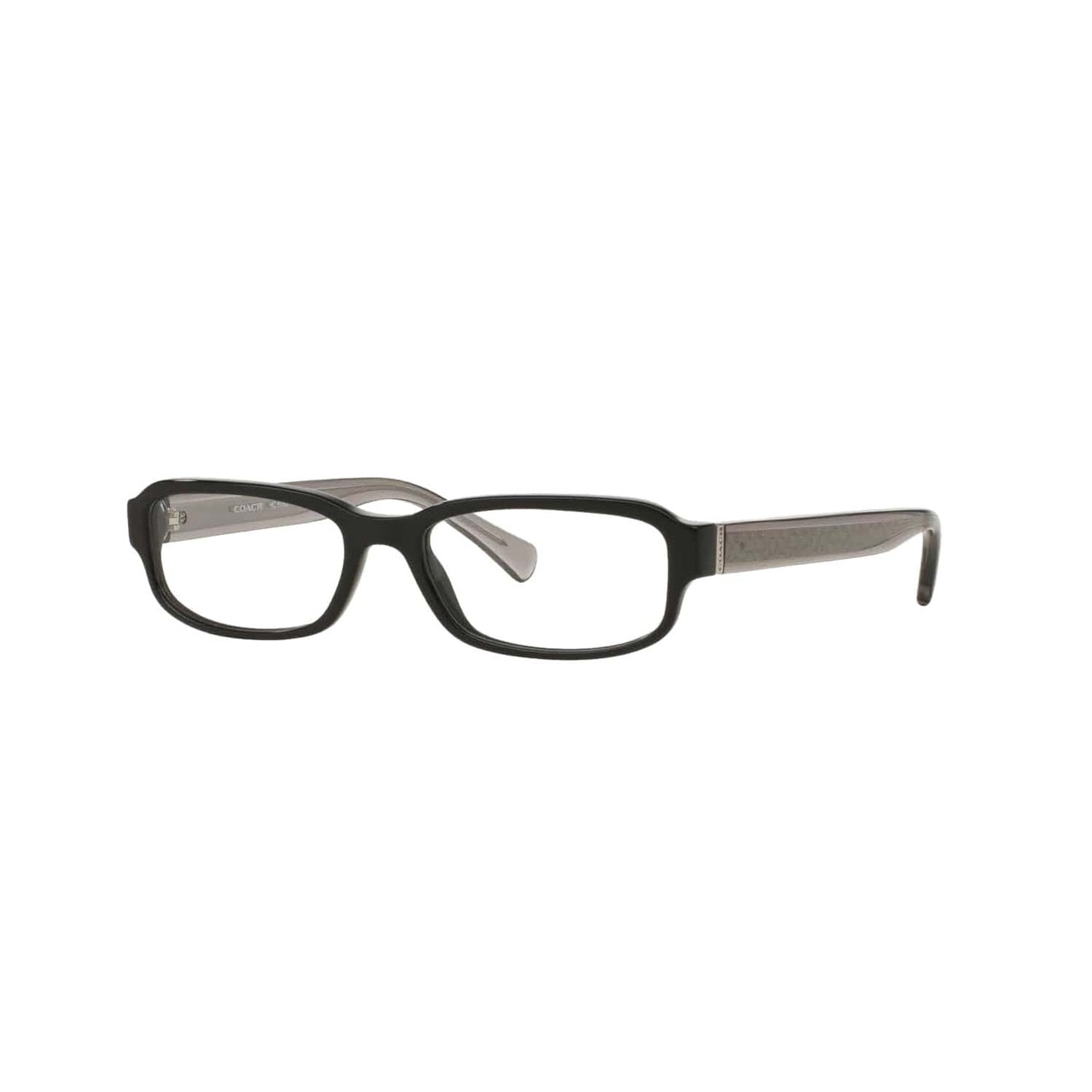 Coach HC6083-5354 Black Dark Grey Crystal Rectangular Women's Plastic Eyeglasses displayed elegantly with a stylish case.