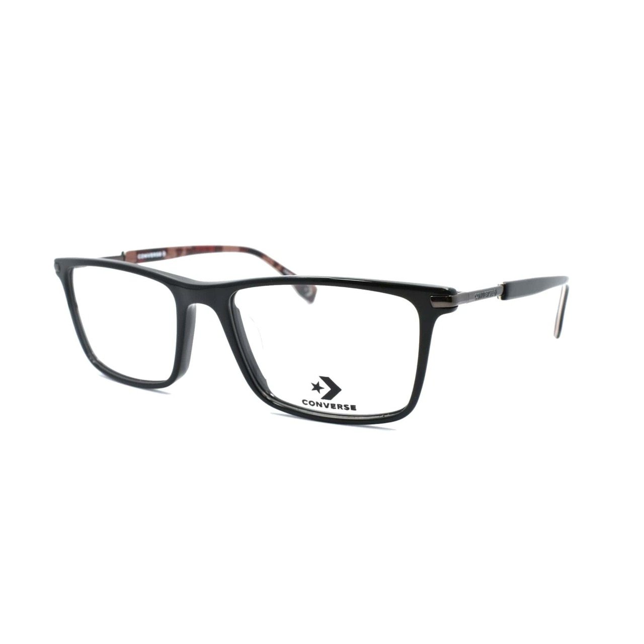 Converse A227 Black Square Men's Acetate Eyeglasses displayed with a stylish case and paperwork.