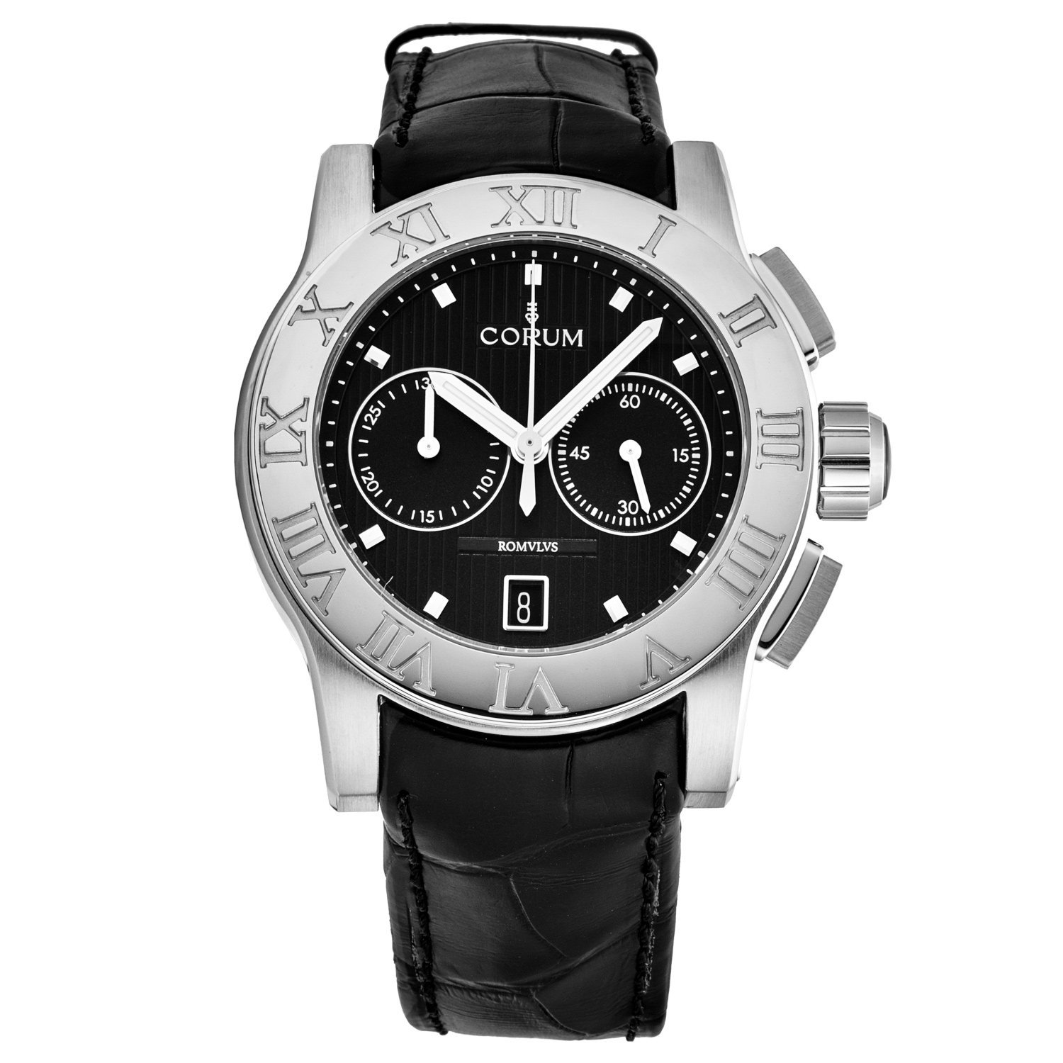 Corum Men's R984/03549 'Romulus' watch featuring a black dial and alligator leather strap, showcasing its elegant design and automatic chronograph functionality.