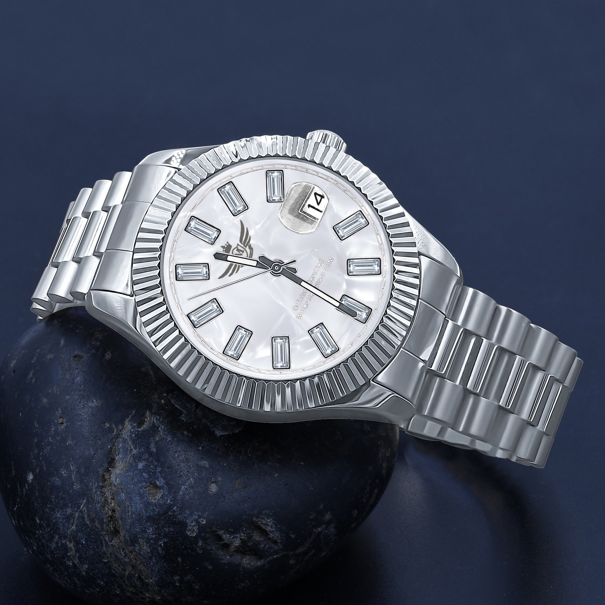 COSMIC STEEL CZ WATCH featuring a stainless steel strap and AAA-grade cubic zirconia stones, showcasing elegance and durability.
