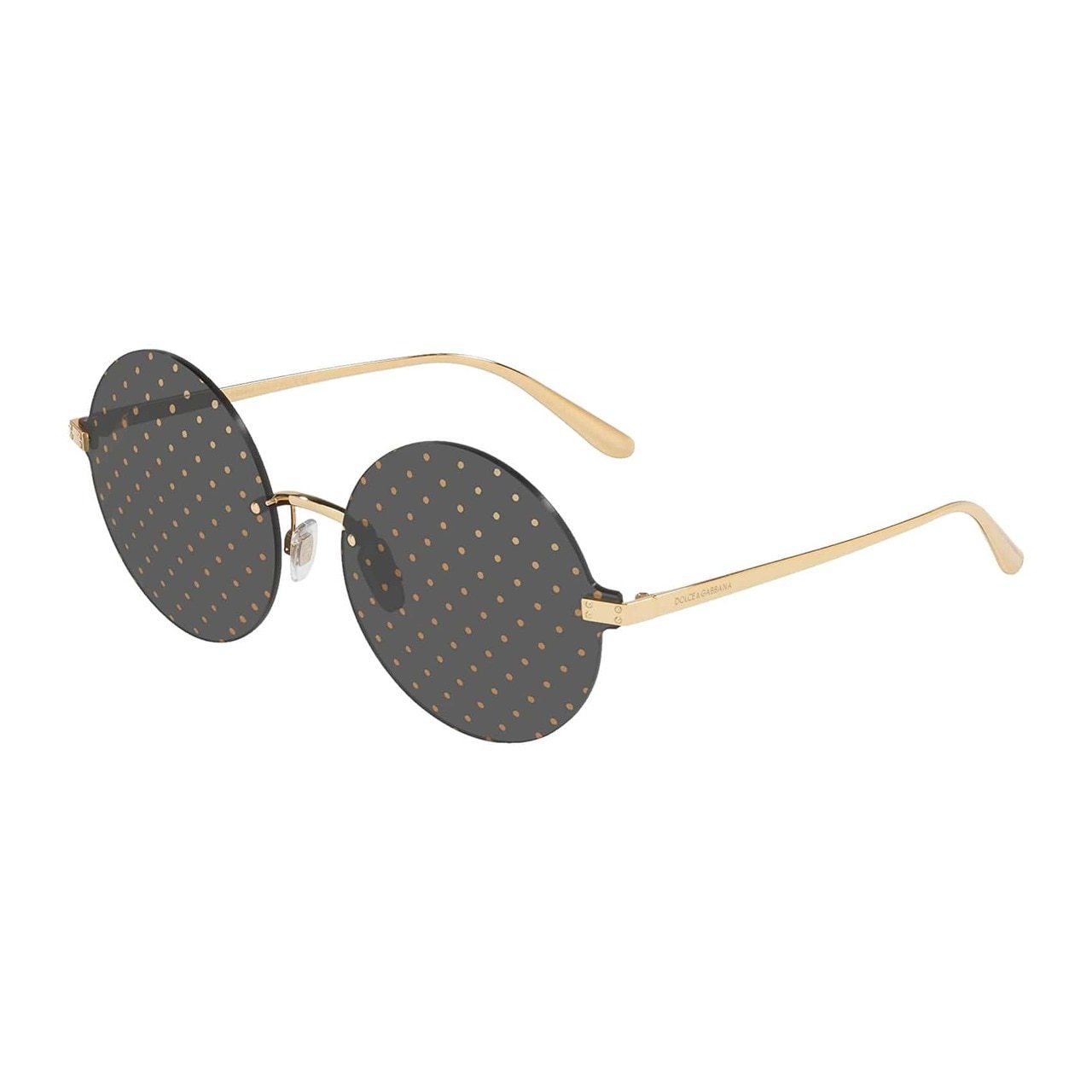 Dolce & Gabbana DG2228-02/L Gold Round Sunglasses with Dark Grey Tampo Silver Lens, showcasing a stylish rimless design.
