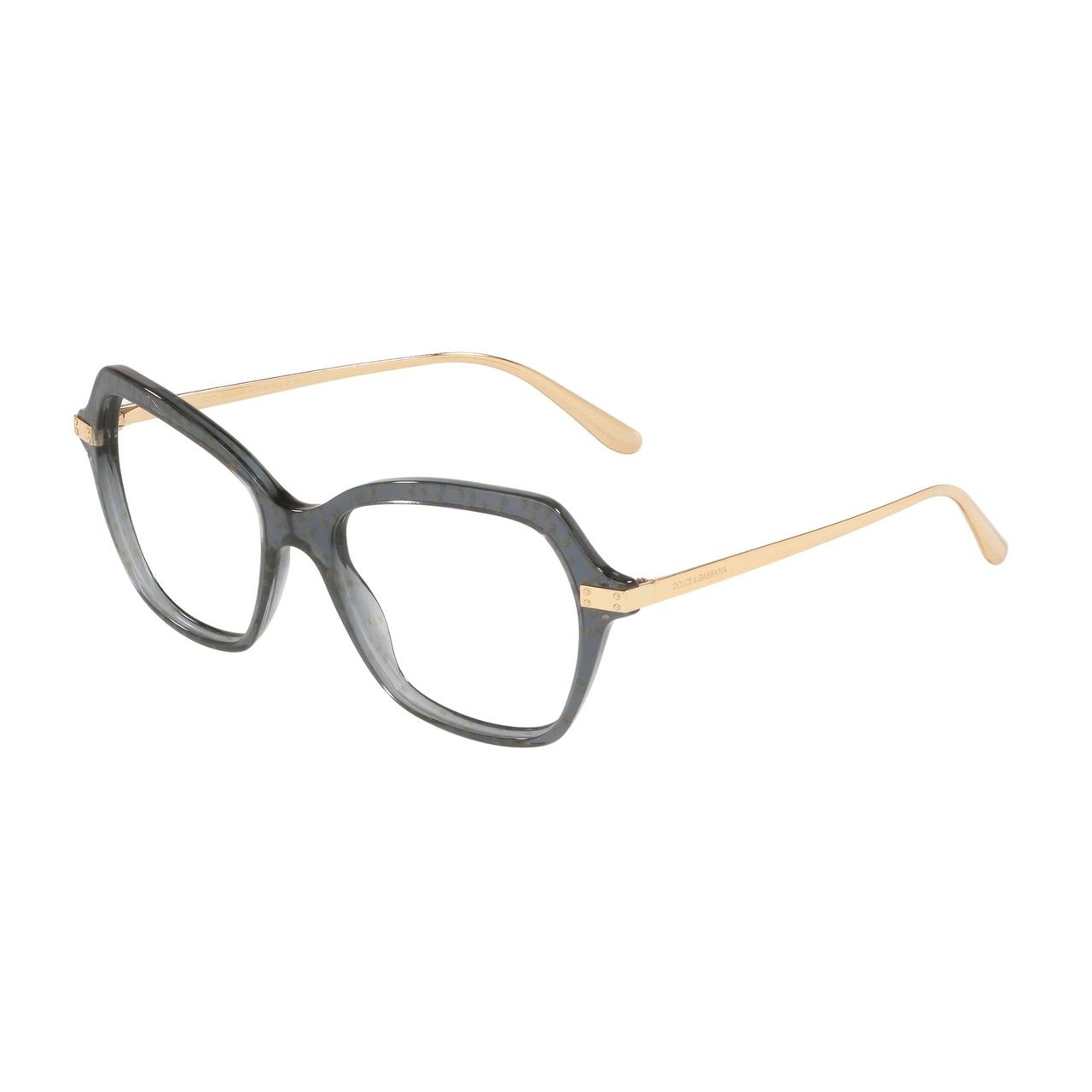 Dolce & Gabbana DG3311-3210 Transparent Black Gold Oversize Women's Acetate Eyeglasses showcasing elegant design and luxurious finish.