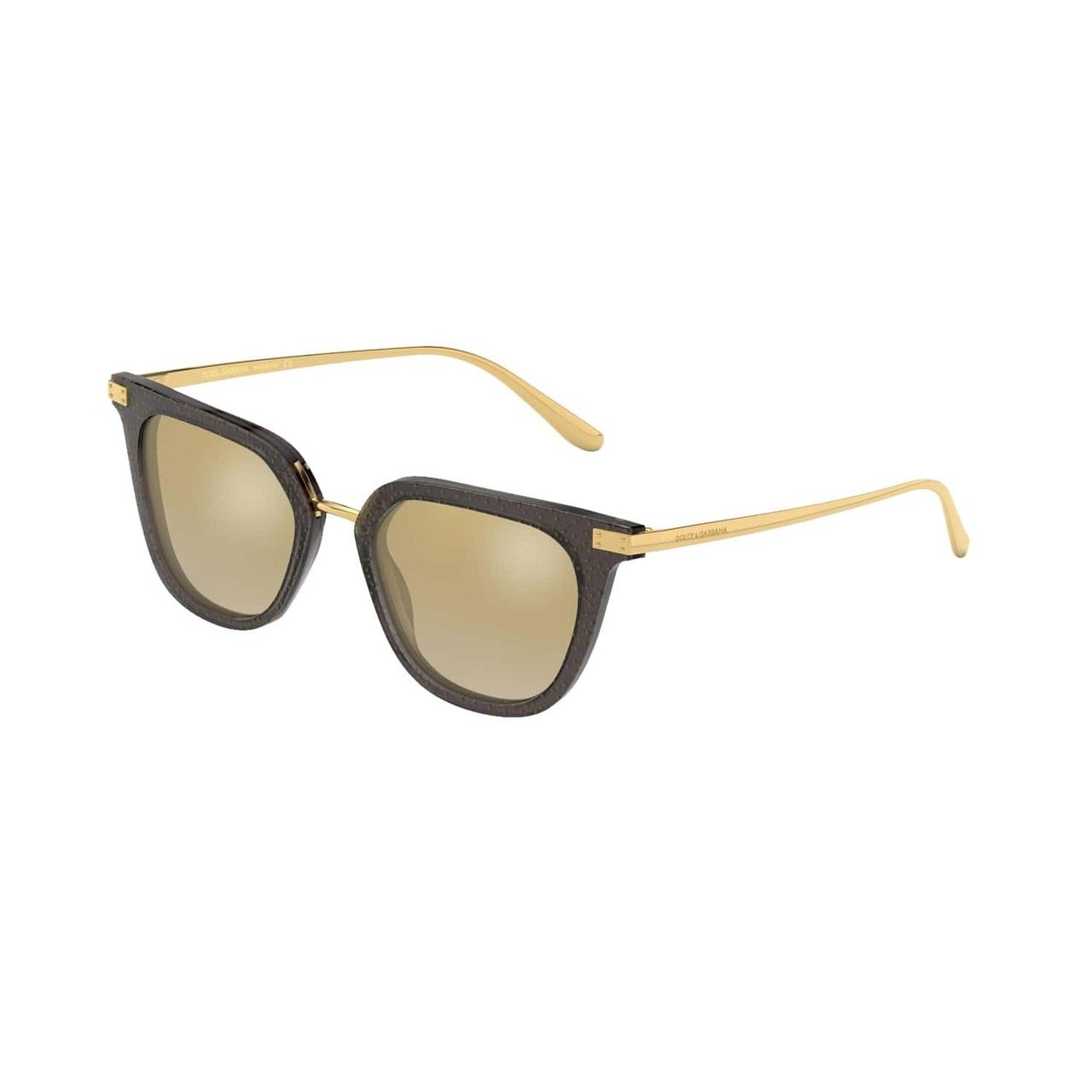 Dolce & Gabbana DG4363-32106E sunglasses featuring a transparent black gold frame and light brown gradient mirrored lenses.