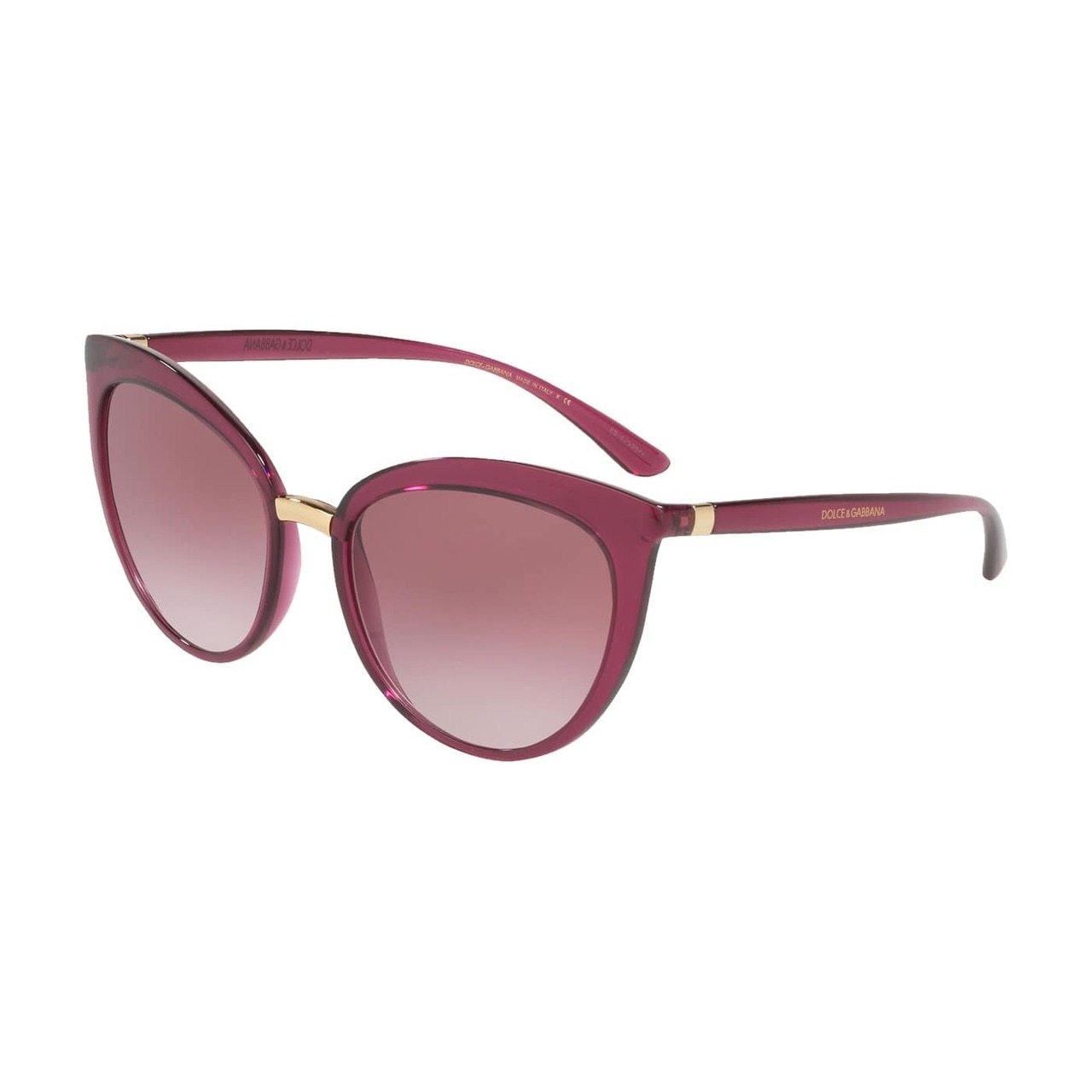 Dolce & Gabbana DG6113-17548H sunglasses featuring a transparent dark cherry cat-eye frame and dark violet gradient lenses.