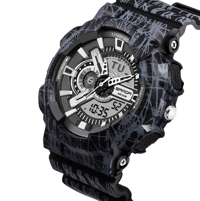 Double Display Electronic Watch featuring a stainless steel band and a flat top conical crown, designed for style and durability.