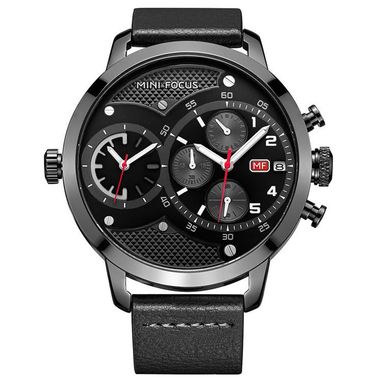 Double Movement Waterproof Quartz Watch for Men with leather strap and round dial, showcasing its stylish design and durable materials.