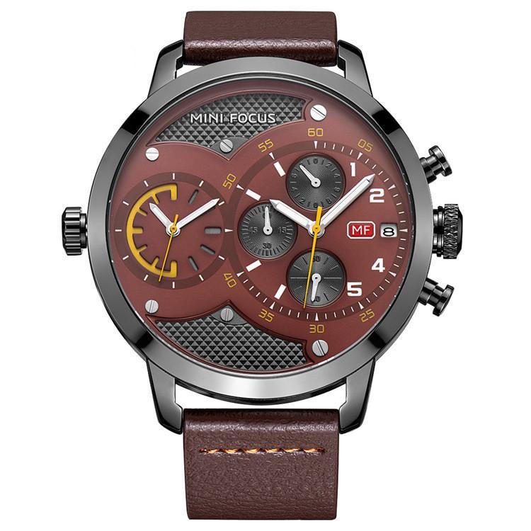 Double Movement Waterproof Quartz Watch for Men with leather strap and round dial, showcasing its stylish design and durable materials.