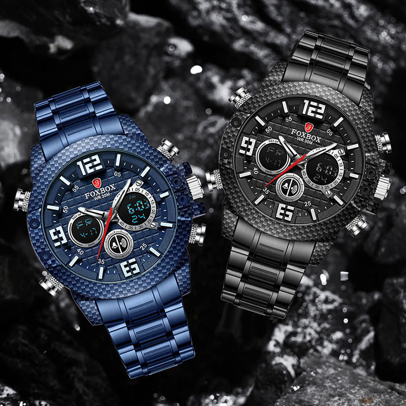 A multifunctional electronic watch featuring dual display with luminous indicators, stainless steel buckle, and alloy case, designed for style and durability.