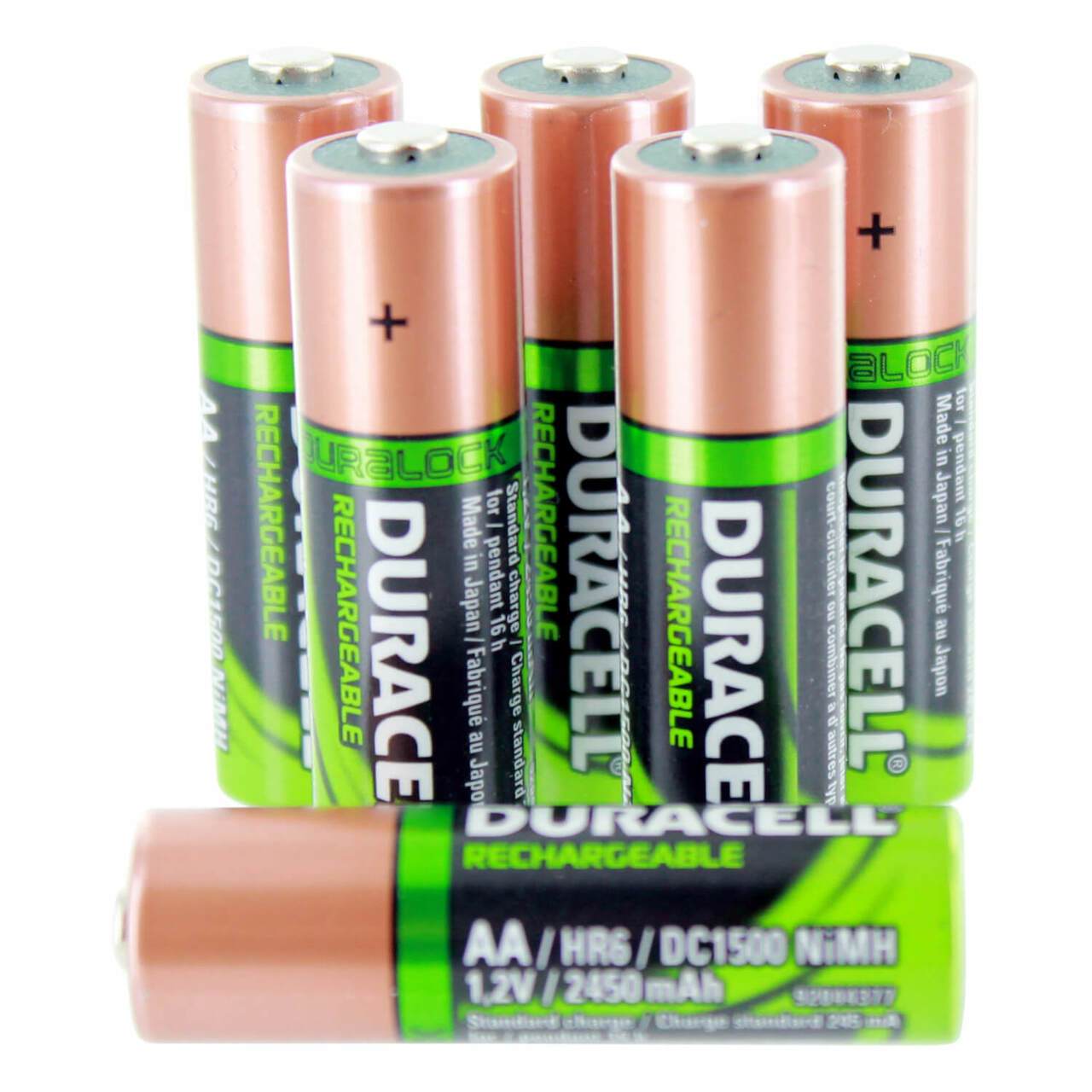 Duracell AA NiMH 2450mAh rechargeable batteries in bulk packaging, showcasing their durability and long-lasting power.