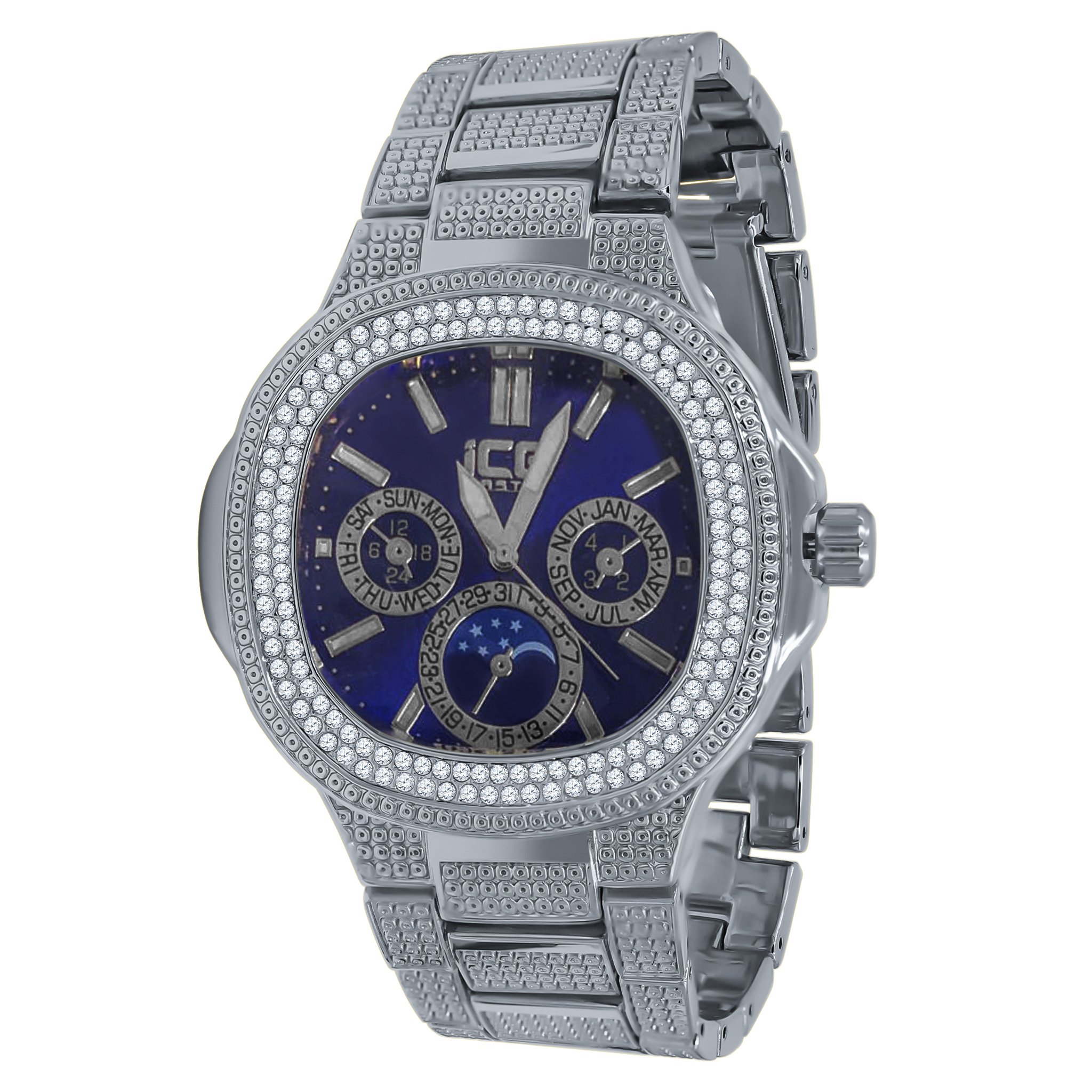 ENTHRAL Hip Hop Metal Watch featuring a bling design with sparkling stones on the bezel and strap, showcasing elegance and style.