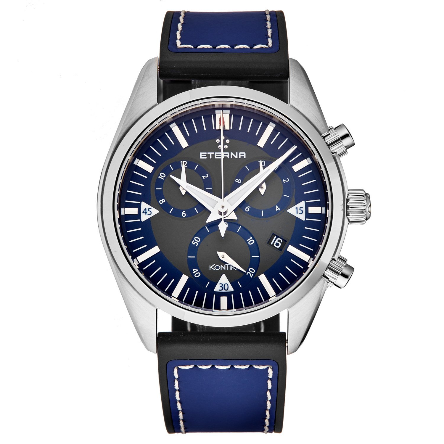 Eterna Men's 1250.41.81.1303 'KonTiki' Blue Dial Chronograph Swiss Quartz Watch featuring a blue dial and stainless steel case.