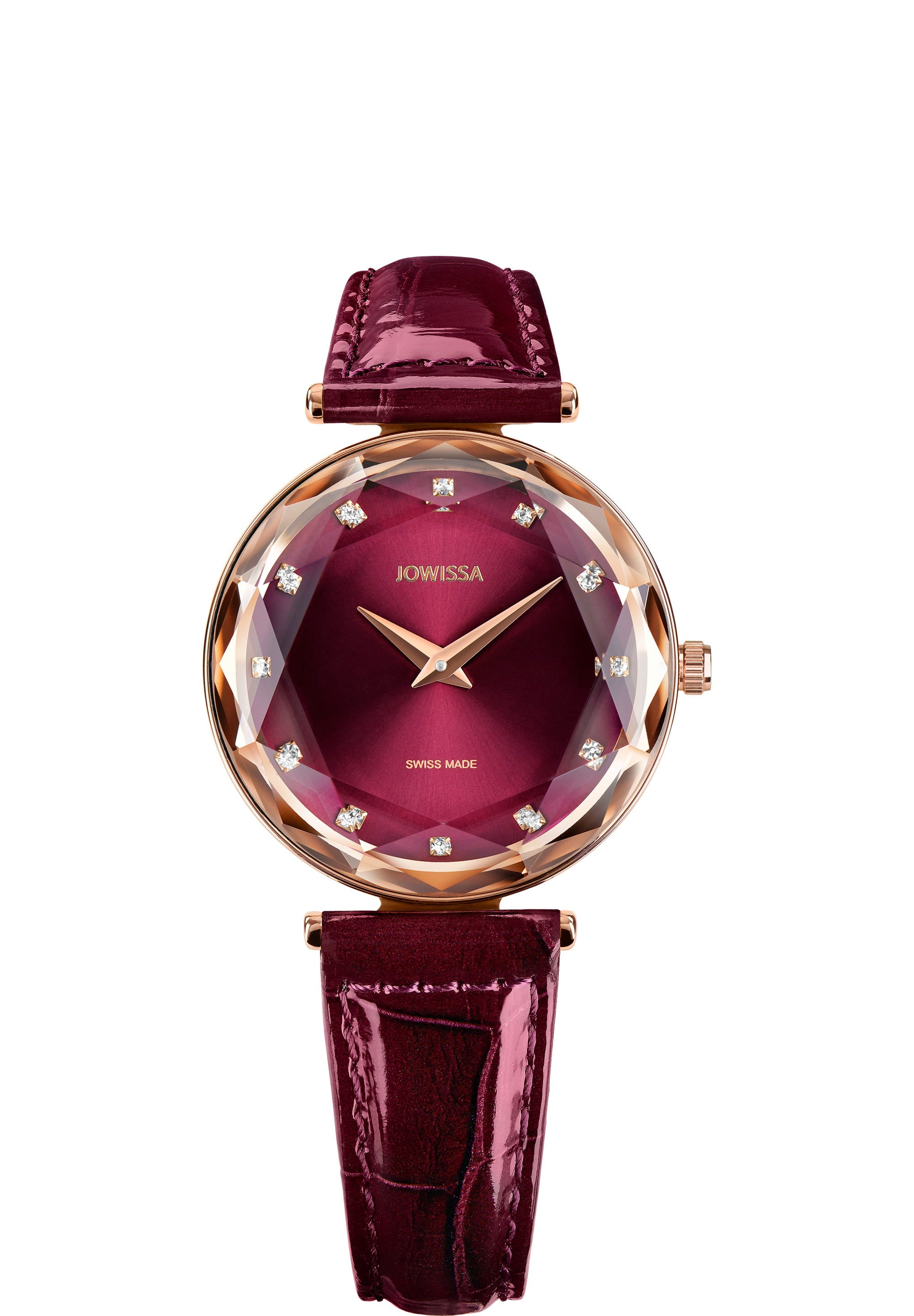 Facet Brilliant Swiss Ladies Watch J5.756.M featuring a burgundy dial, rose gold accents, and rhinestones, elegantly displayed on a glossy leather strap.
