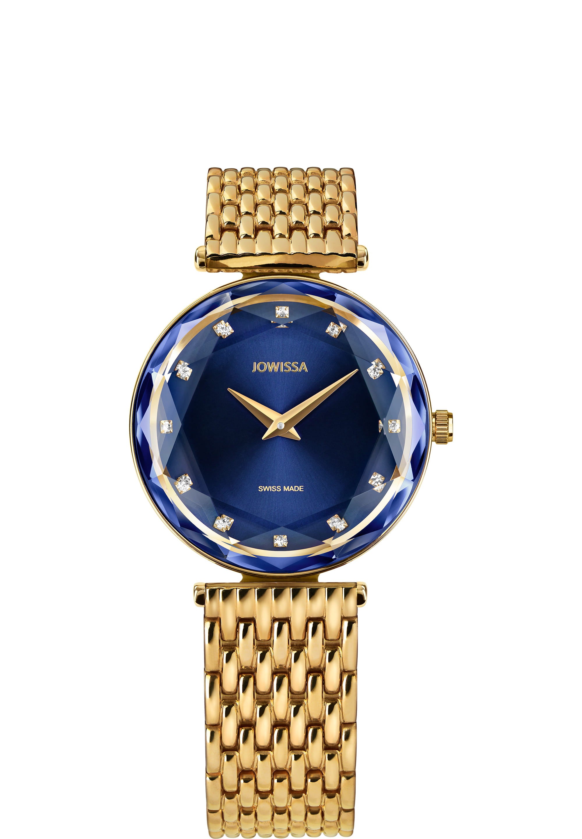 Facet Brilliant Swiss Ladies Watch J5.758.M featuring a blue dial, gold stainless steel bracelet, and sparkling rhinestones.
