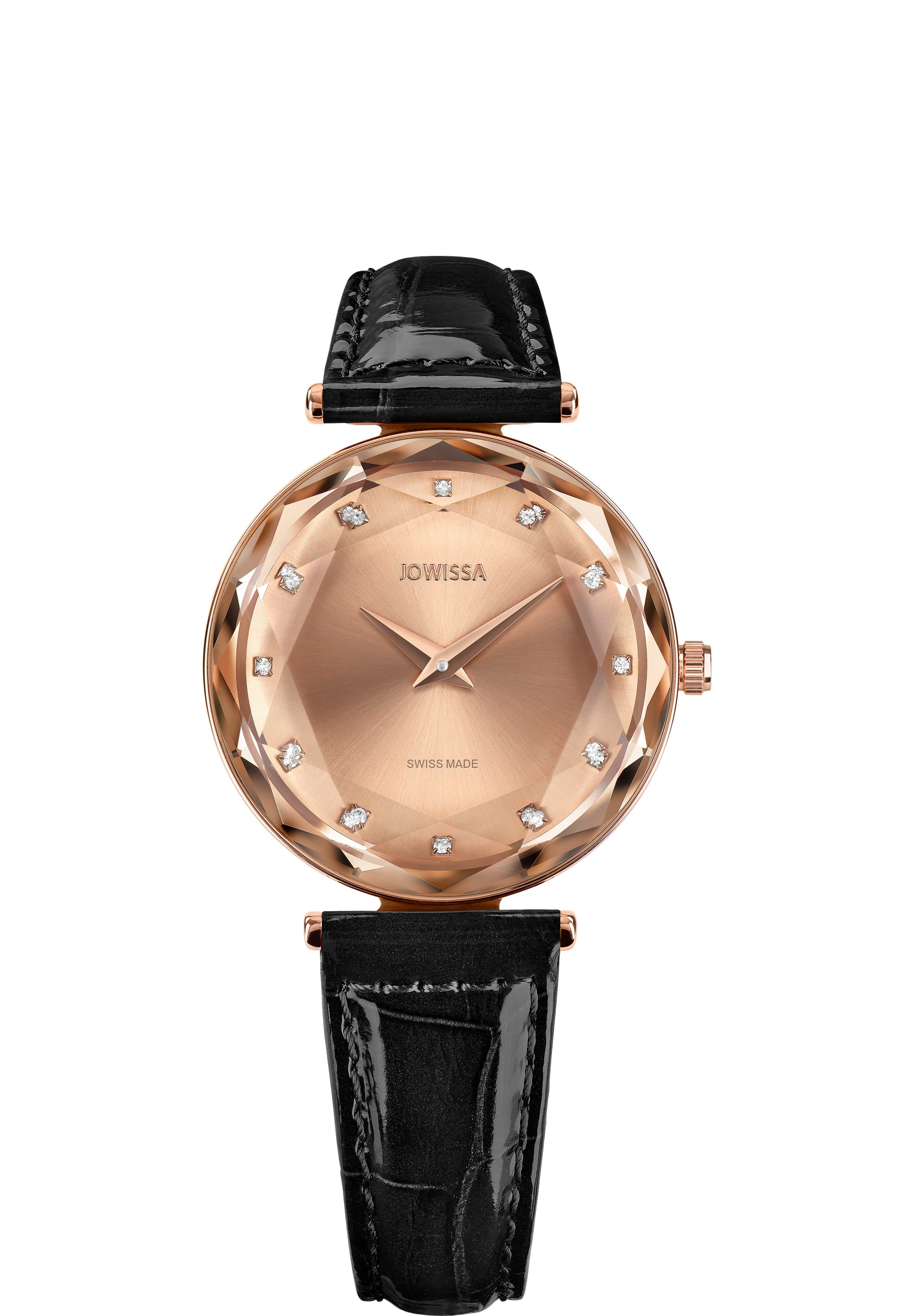 Facet Brilliant Swiss Ladies Watch J5.755.M featuring a rose gold case, black leather strap, and a brilliant cut diamond-shaped crystal.