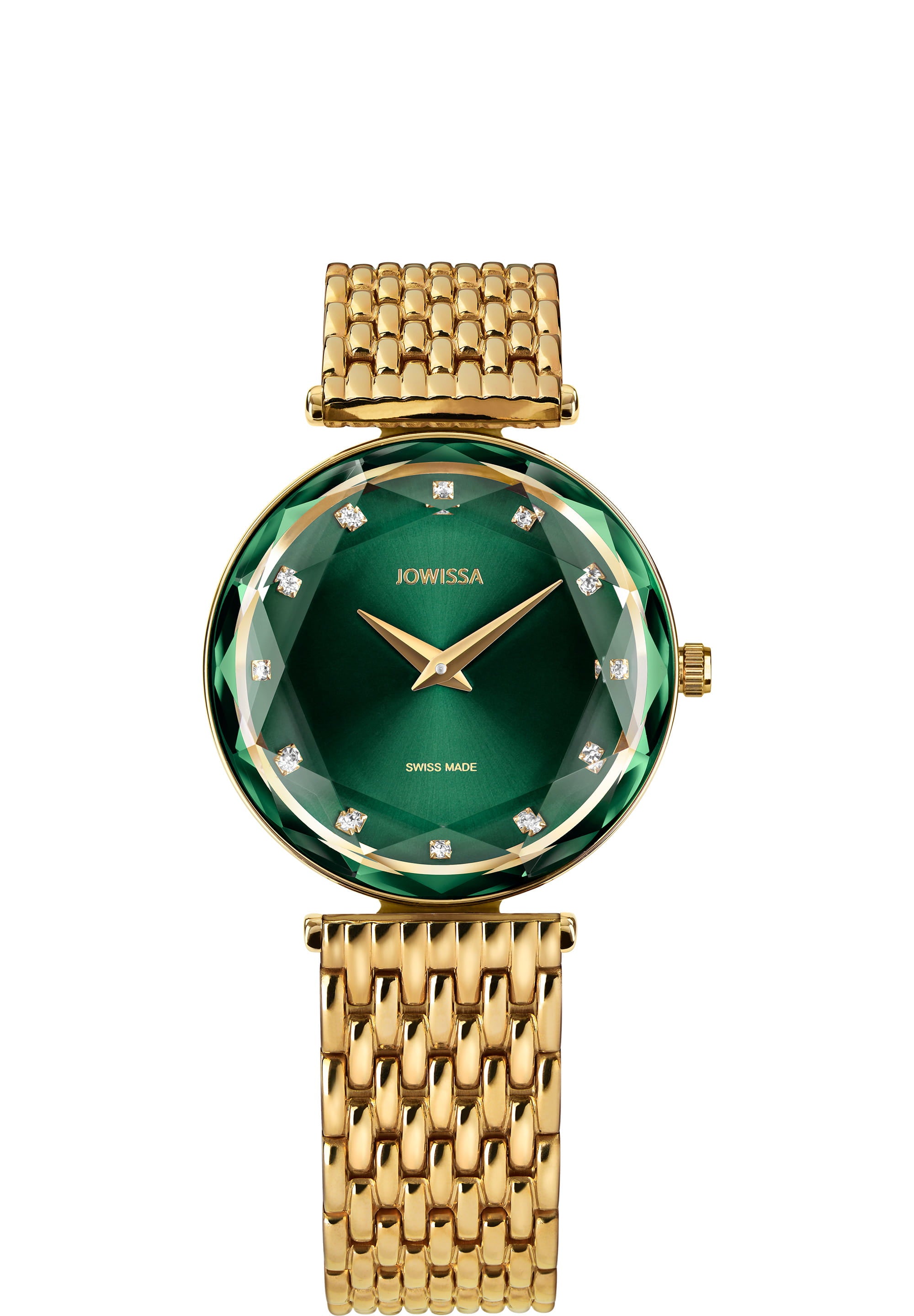 Facet Brilliant Swiss Ladies Watch J5.760.M featuring a green dial and gold stainless steel bracelet, showcasing elegance and Swiss craftsmanship.