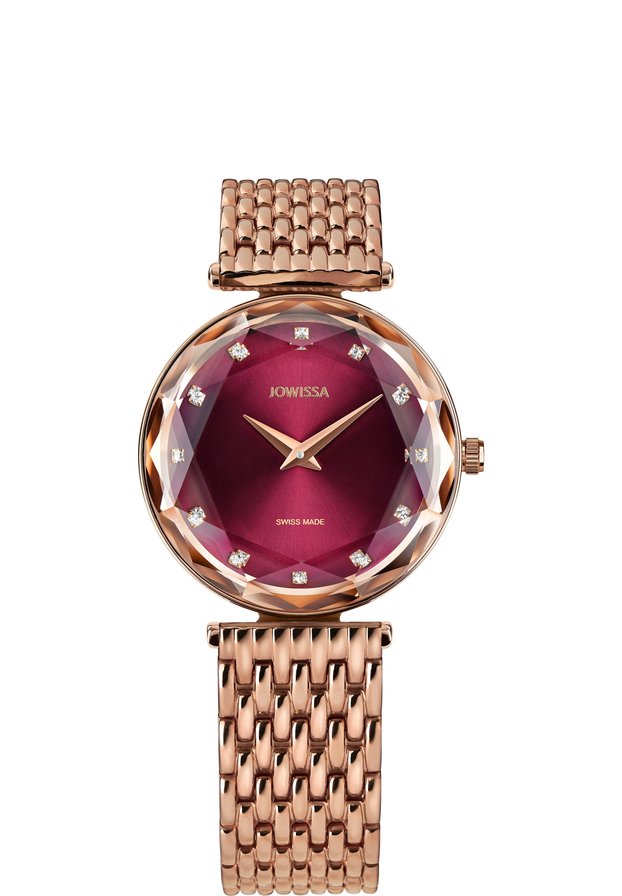 Facet Brilliant Swiss Ladies Watch J5.762.M with burgundy dial and rose gold accents, featuring a stainless steel bracelet.
