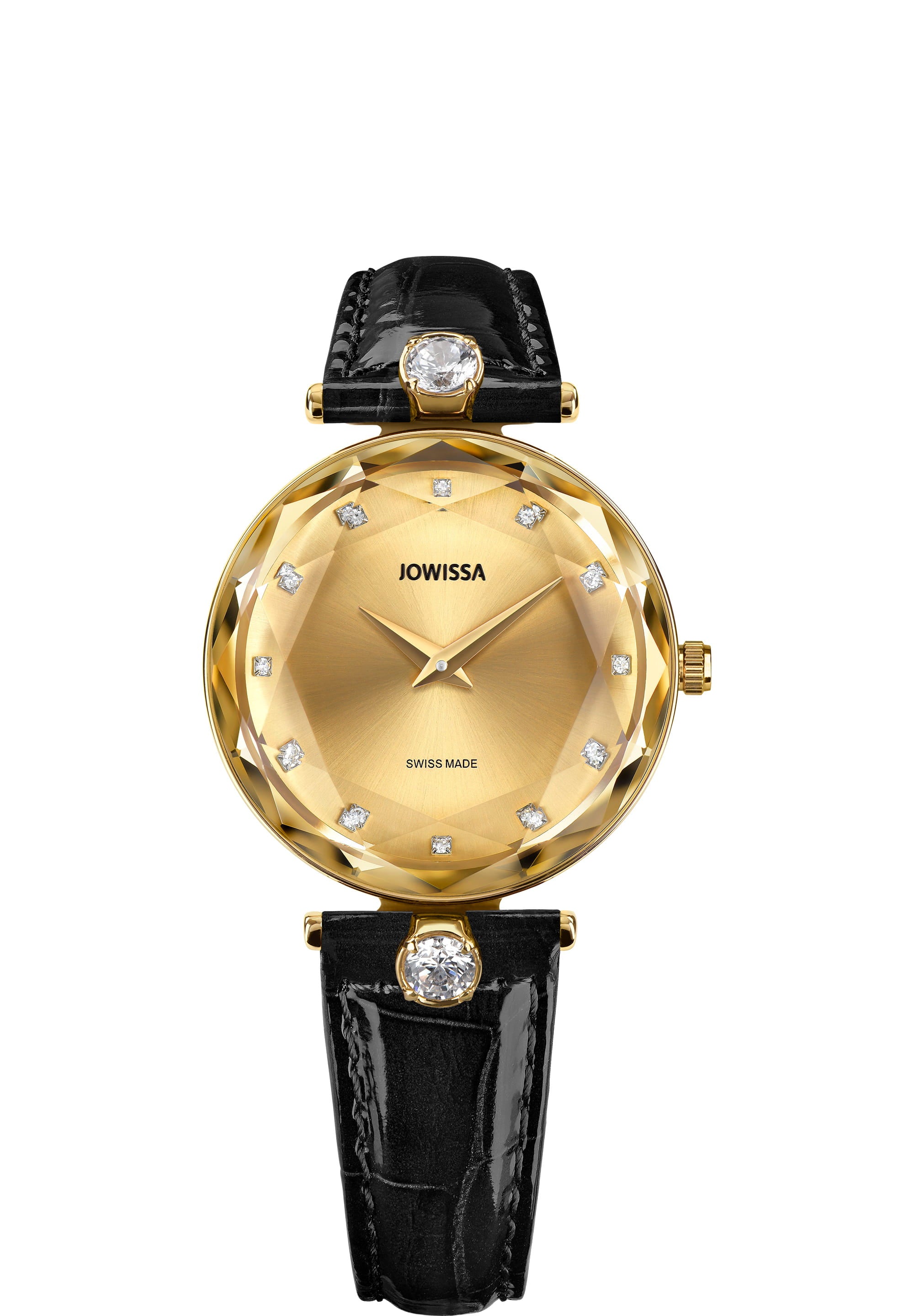 Facet Brilliant Swiss Ladies Watch J5.829.M featuring a black and gold design with sparkling zirconia stones and a champagne-coloured dial.