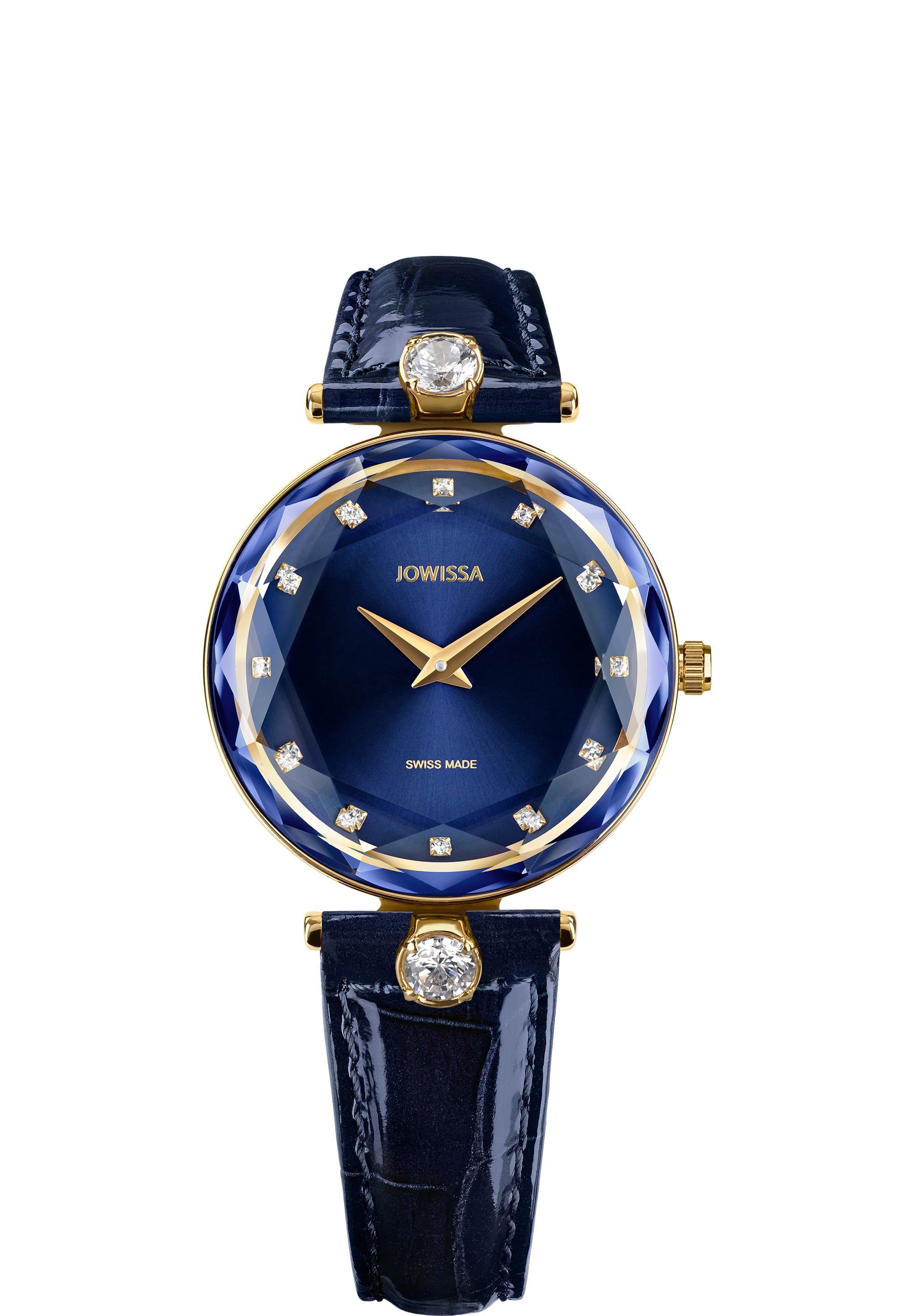 Facet Brilliant Swiss Ladies Watch J5.830.M featuring a royal blue dial, gold accents, and a glossy leather strap.