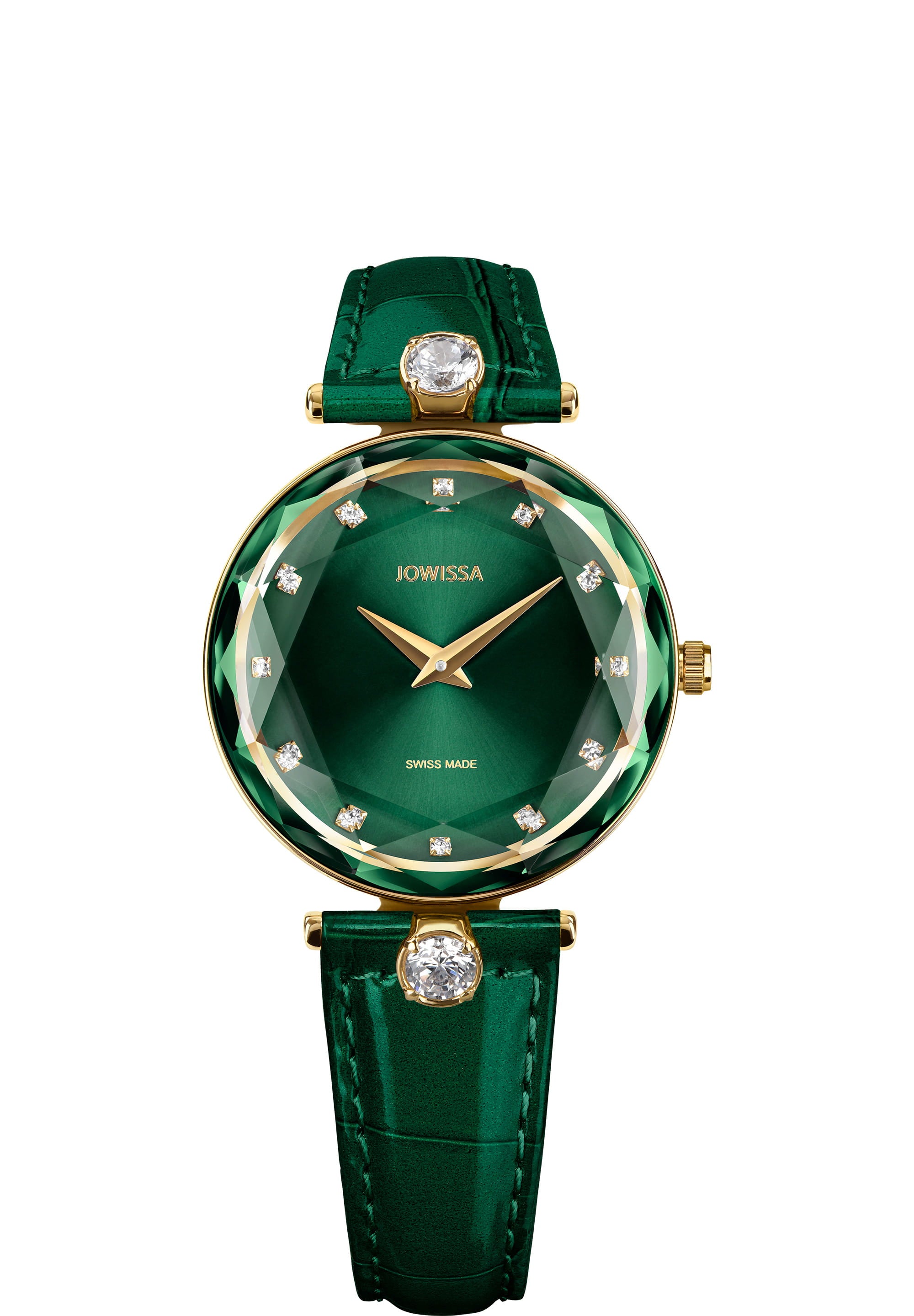 Facet Brilliant Swiss Ladies Watch J5.832.M with emerald green dial and glossy leather strap, showcasing elegant design and luxury.
