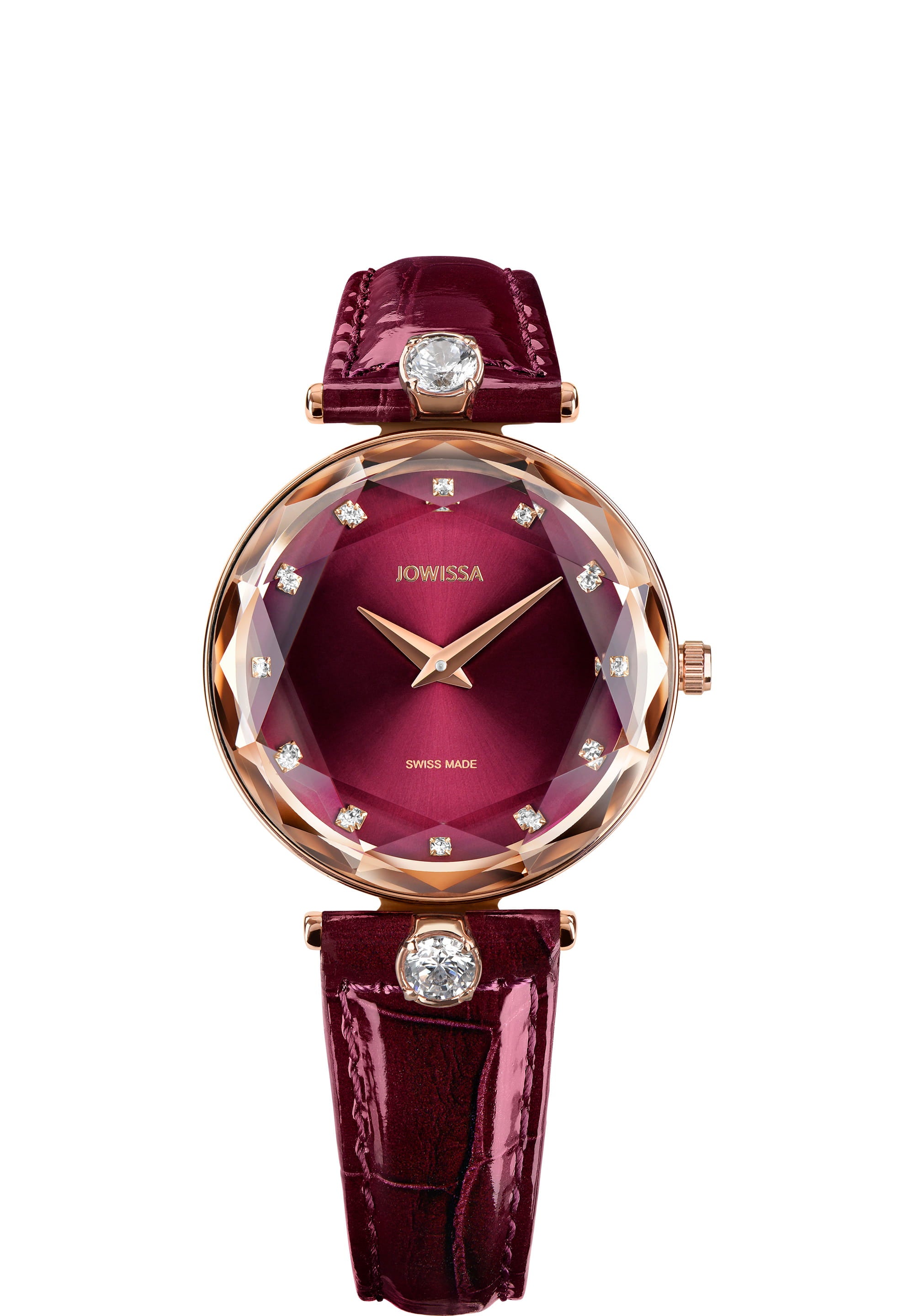 Facet Brilliant Swiss Ladies Watch J5.834.M featuring a burgundy dial, rose gold accents, and sparkling cubic zirconia.