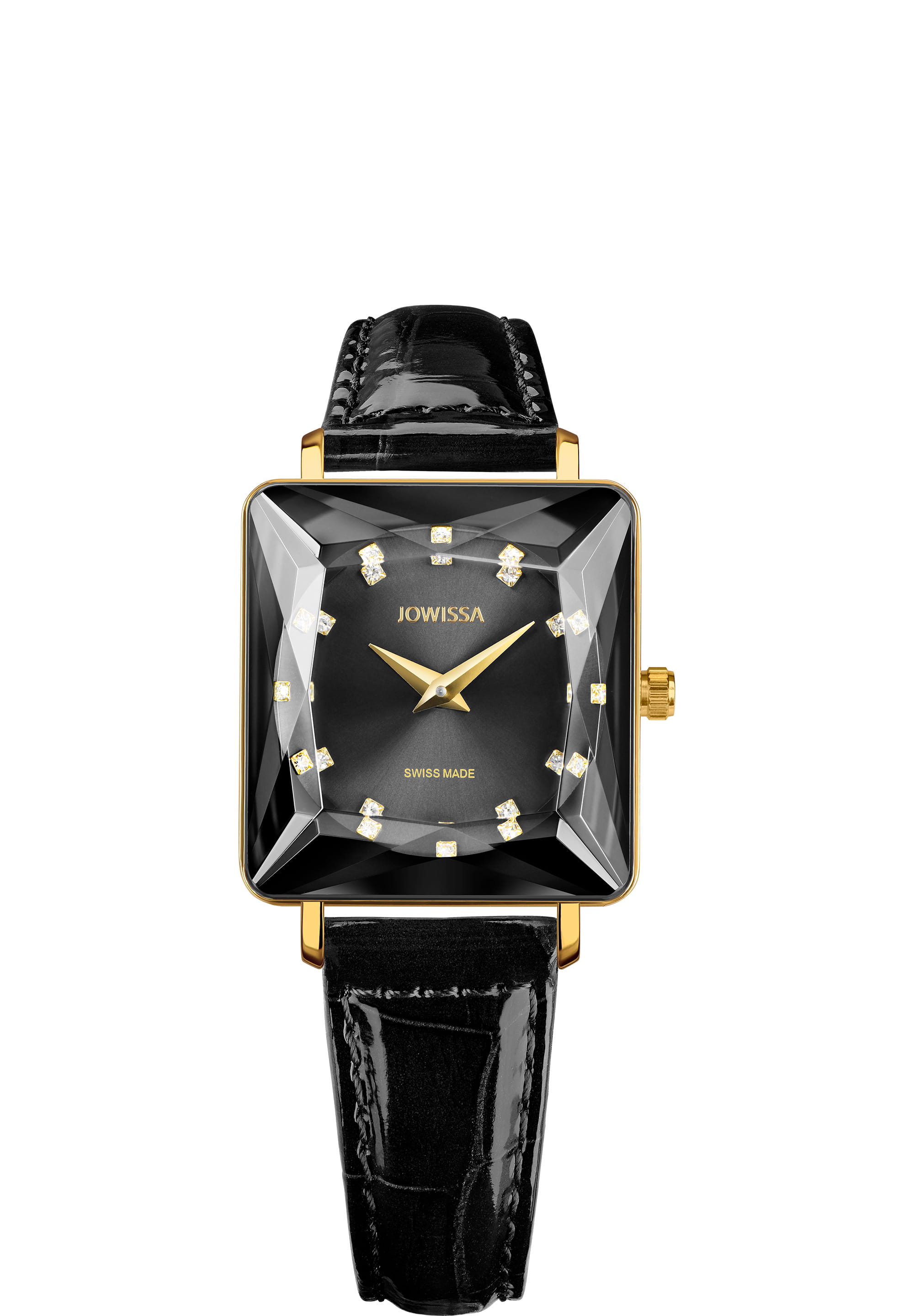 Facet Princess Swiss Ladies Watch J8.060.M featuring a diamond Princess cut crystal, black leather strap, and gold-tone hardware.
