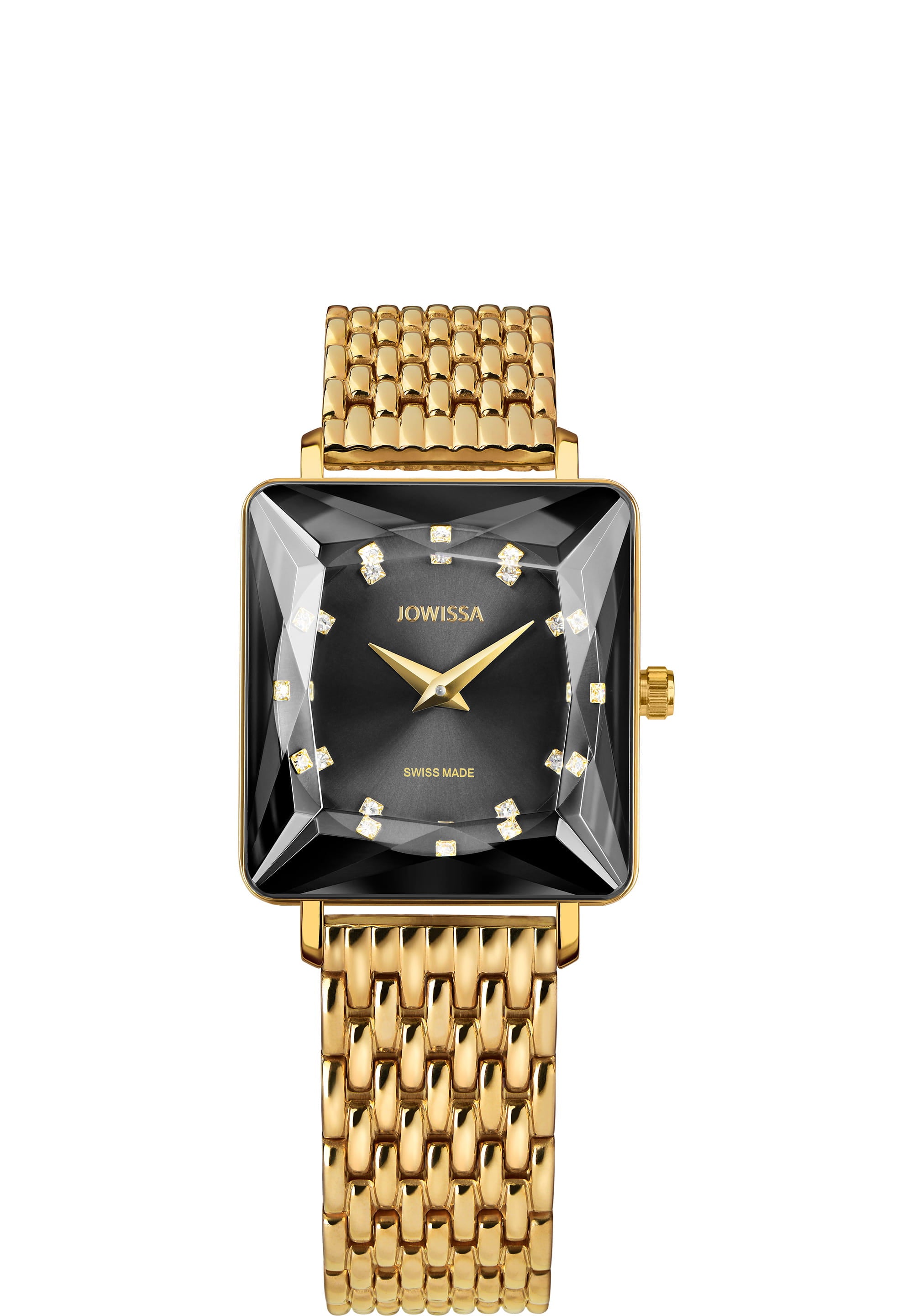 Facet Princess Swiss Ladies Watch J8.064.M featuring a black dial, gold accents, and a sparkling princess cut crystal in a square case.