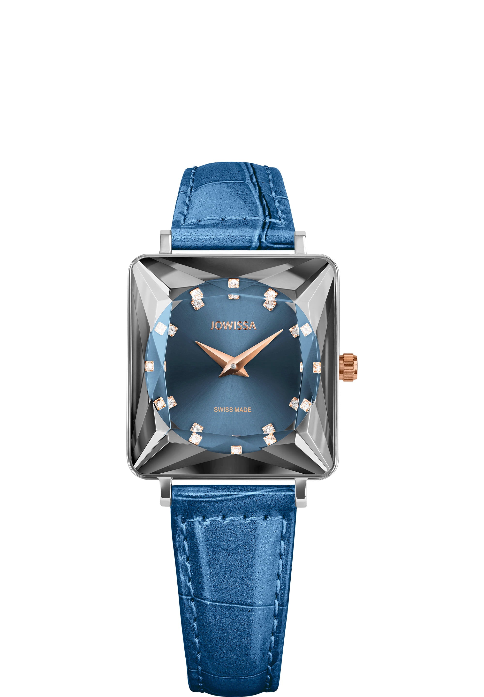 Facet Princess Swiss Ladies Watch J8.782.M featuring a diamond-shaped crystal, cyan blue dial, and glossy blue leather strap.