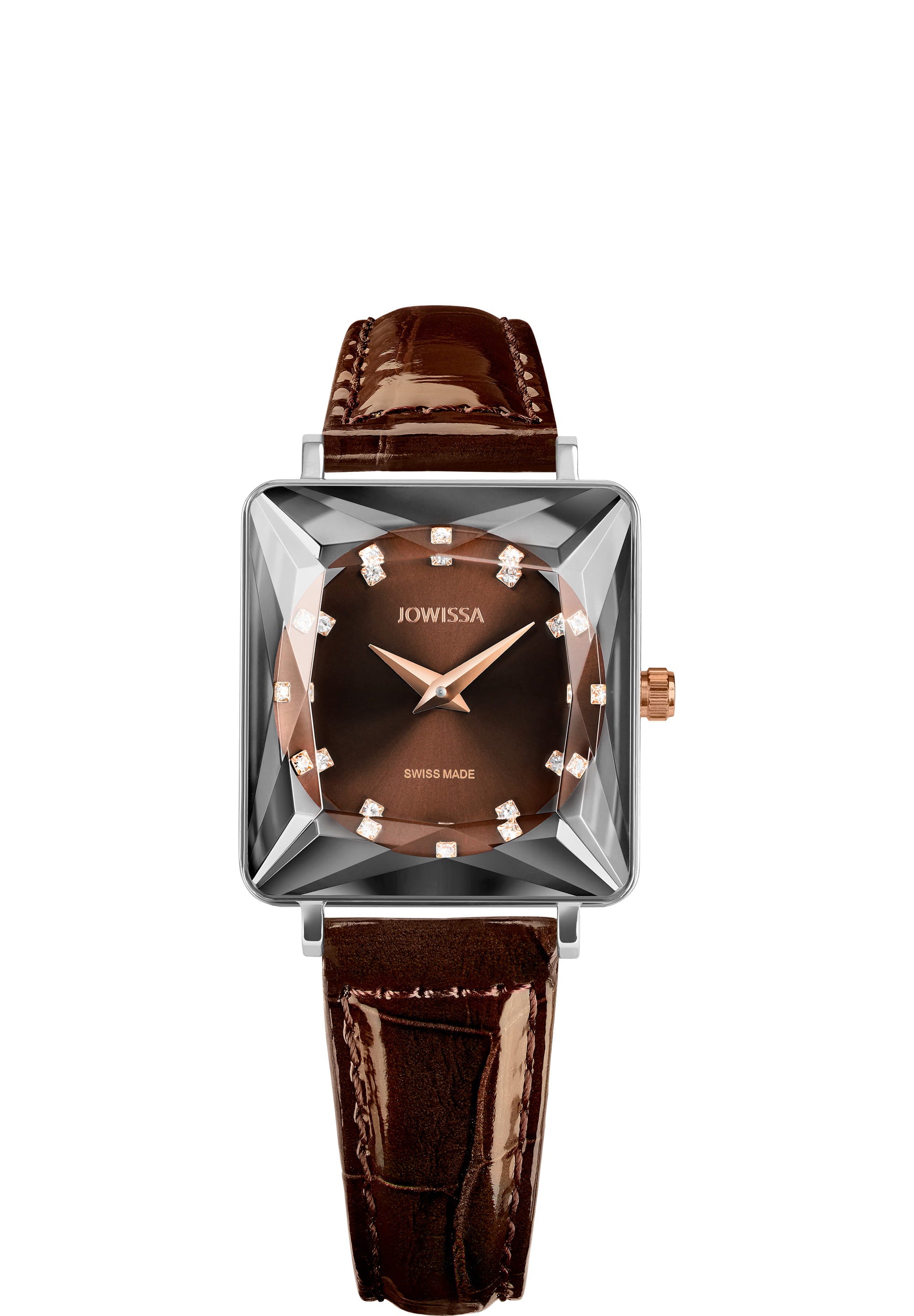 Facet Princess Swiss Ladies Watch J8.784.M with brown dial, rhinestone hour markers, and glossy leather strap.