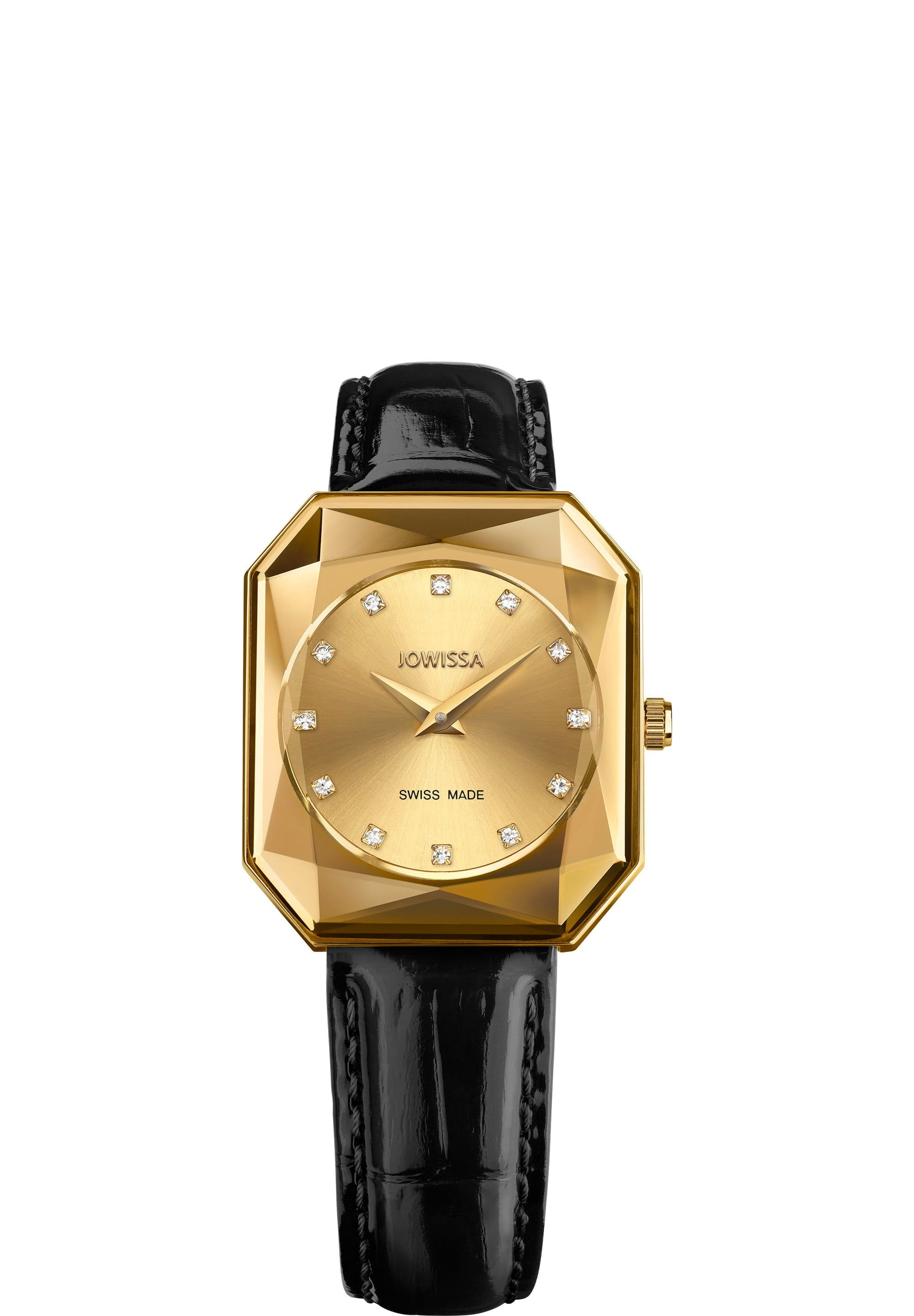 Facet Radiant Swiss Ladies Watch J8.073.M featuring a black and gold design with a rectangular watch face and rhinestone hour indices.