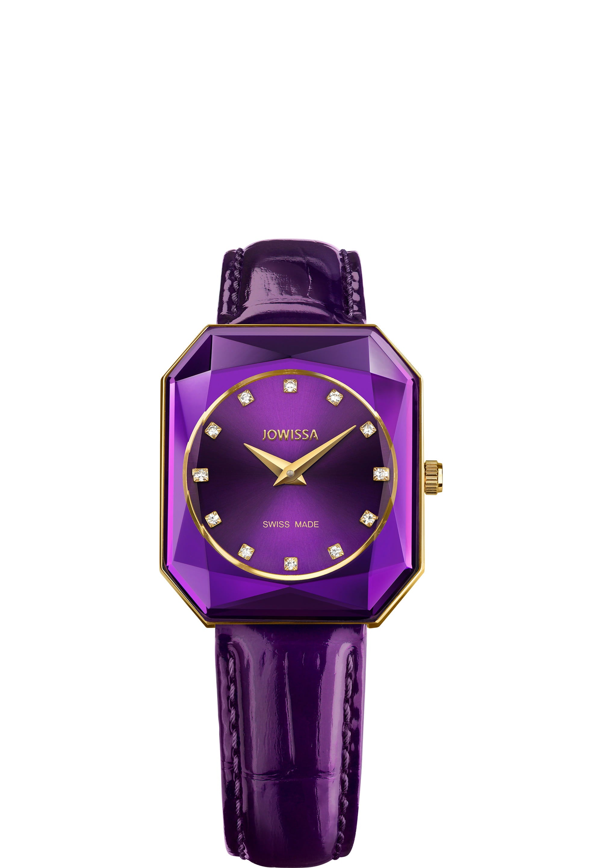 Facet Radiant Swiss Ladies Watch J8.075.M featuring a vibrant purple leather strap and a unique rectangular case with gold accents.