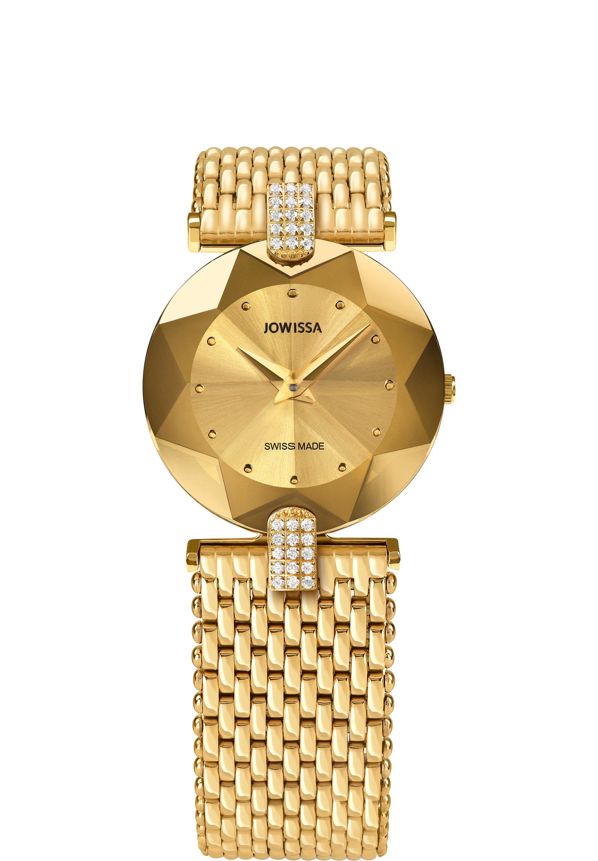 Facet Strass Swiss Ladies Watch J5.010.M featuring a stainless steel case with rhinestones and a gold-plated finish.