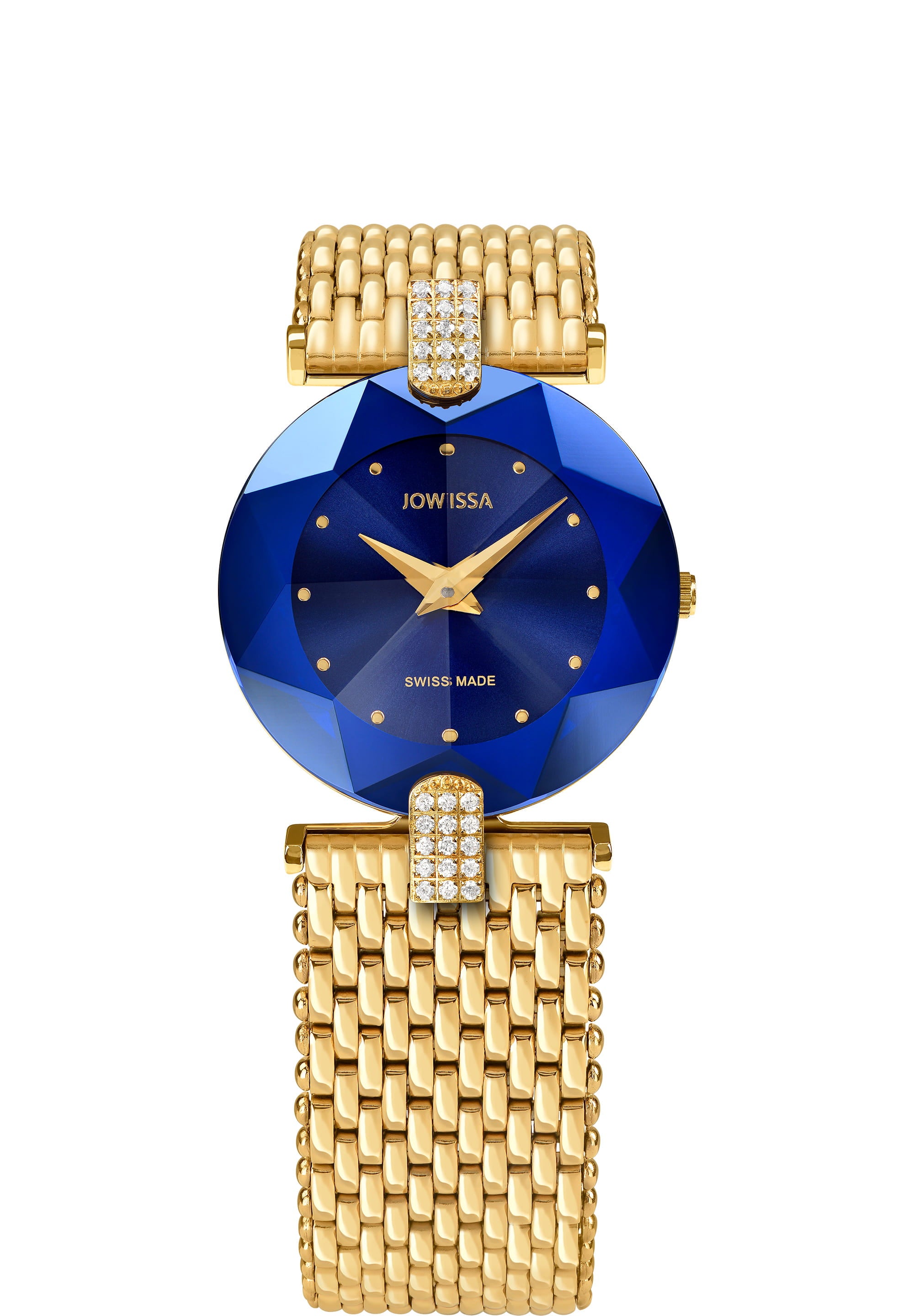 Facet Strass Swiss Ladies Watch J5.012.M featuring a stainless steel case with rhinestones and a gold-plated finish.