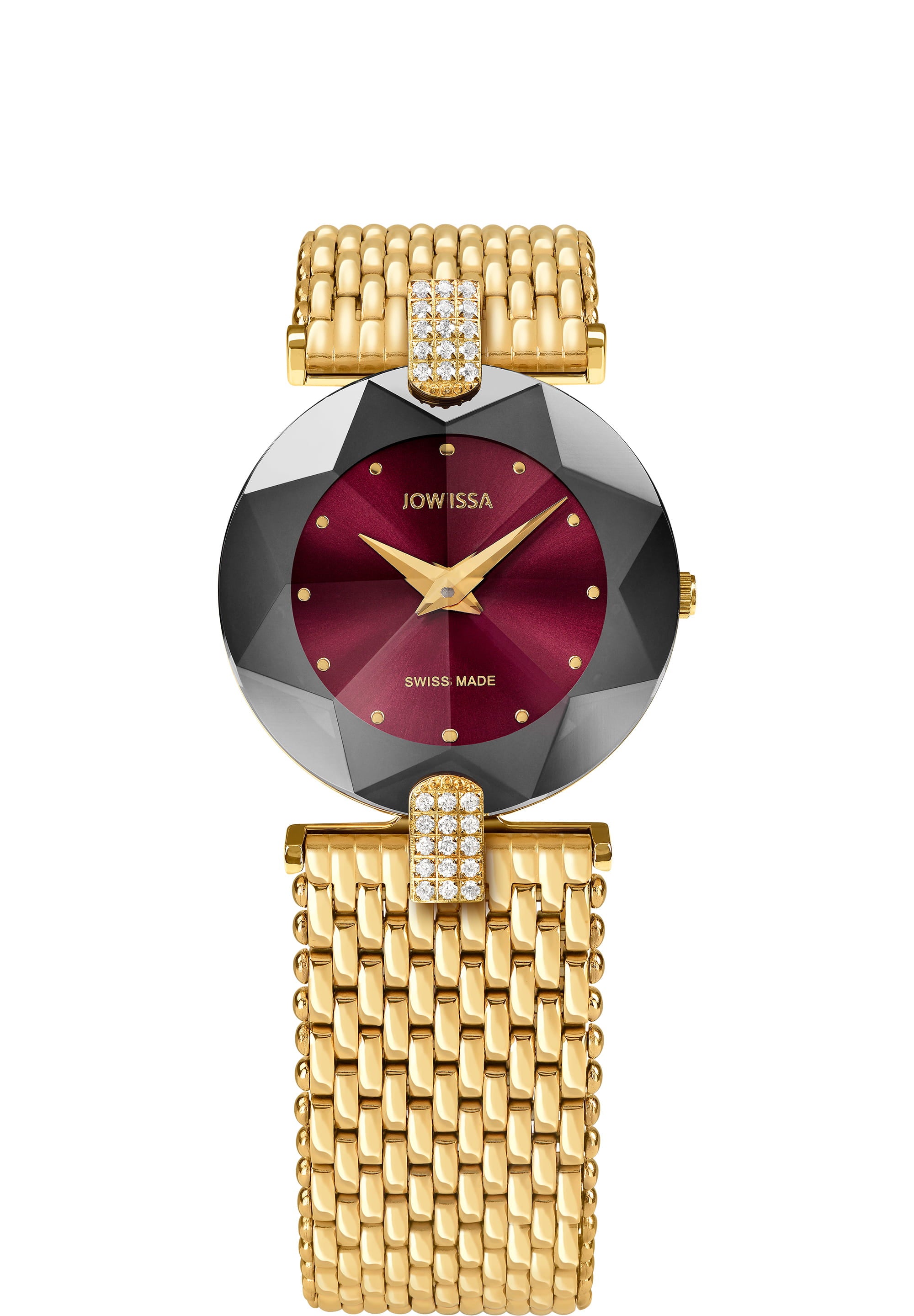 Facet Strass Swiss Ladies Watch J5.014.M featuring a stainless steel case with rhinestones and a gold and bordeaux color scheme.