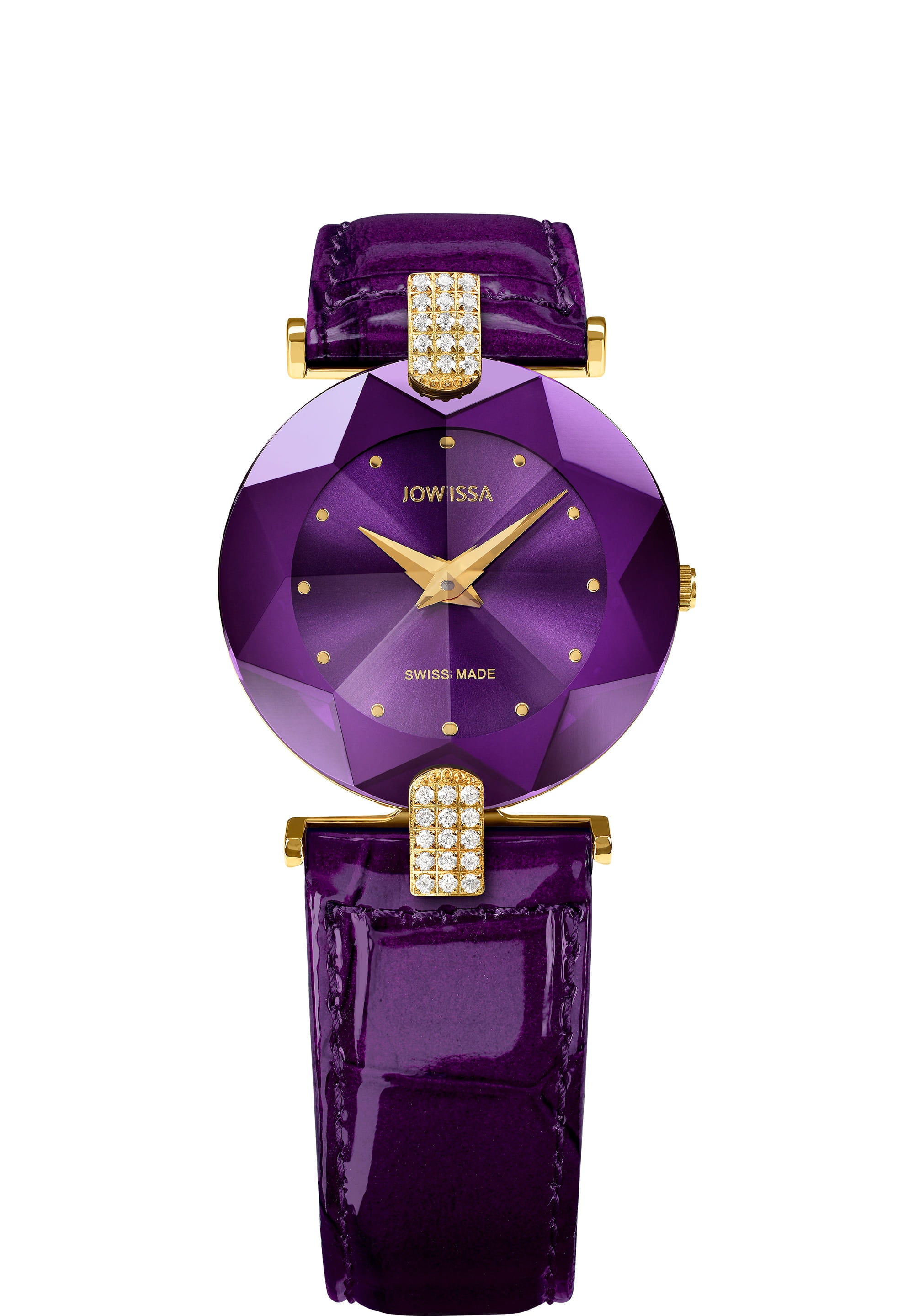 Facet Strass Swiss Ladies Watch J5.015.M featuring a stainless steel case with rhinestones, a purple sunray dial, and a glossy alligator-embossed leather strap.